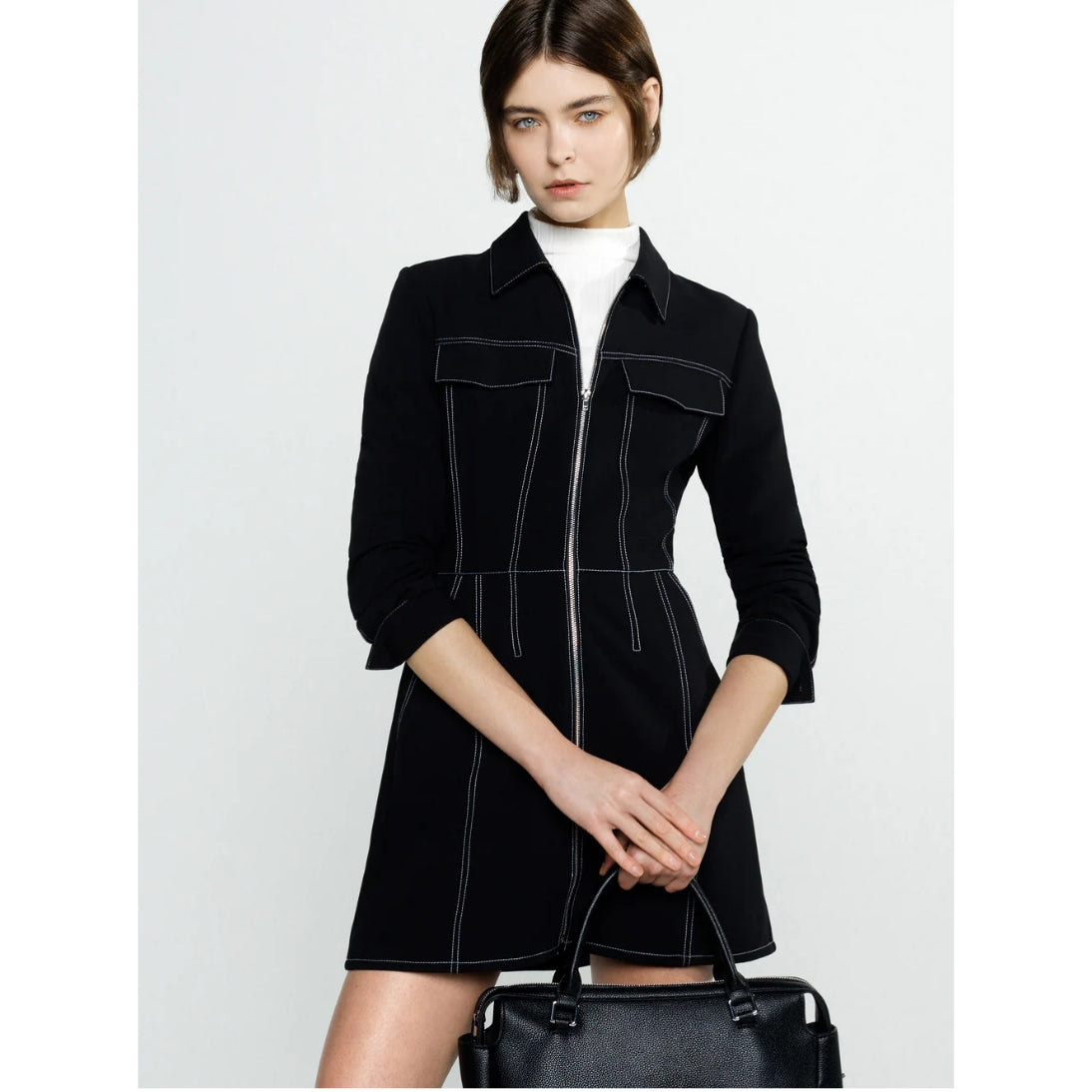 knee length dresses for ladies French Connection Azra Twill Contrast Stitching Mini Dress Black 71YDD –  Jepsons