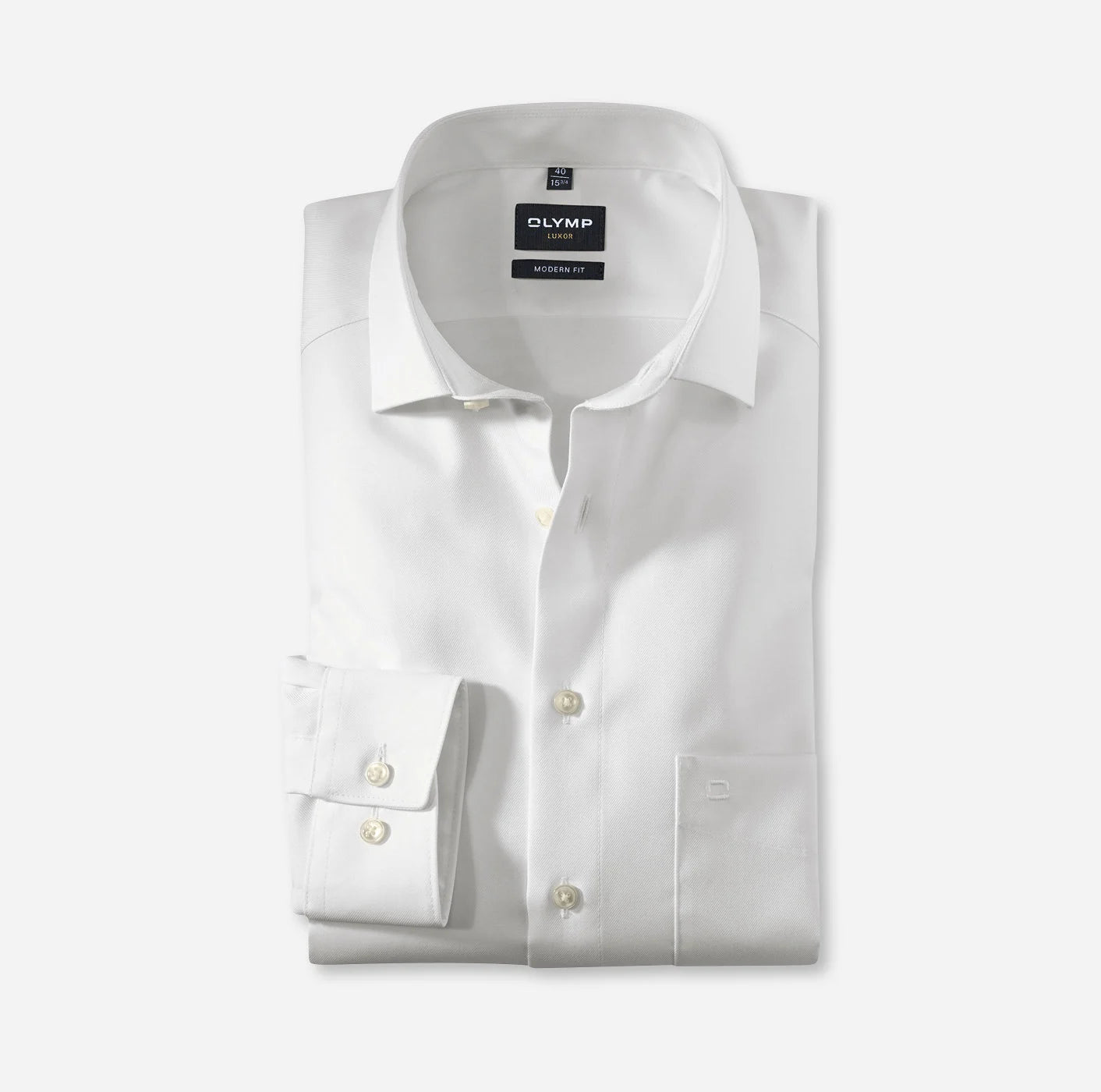 Folded white Olymp shirt on a light gray background