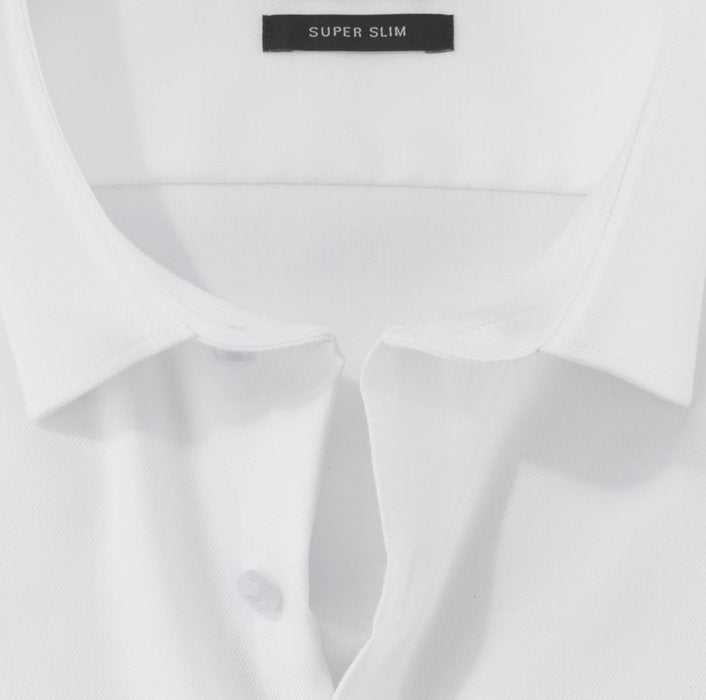 Close-up of a white dress shirt with a 'Super Slim' label on a white background
