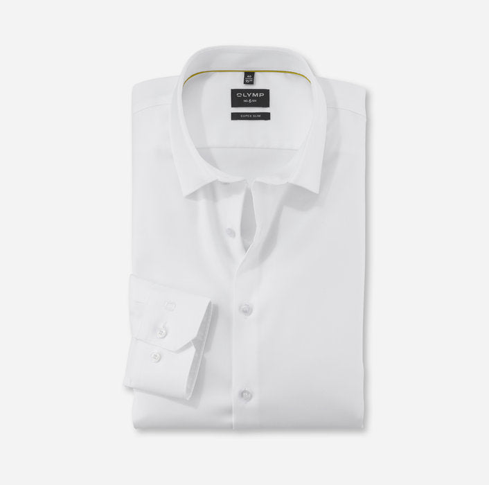 Folded white dress shirt with collar detail on a light gray background
