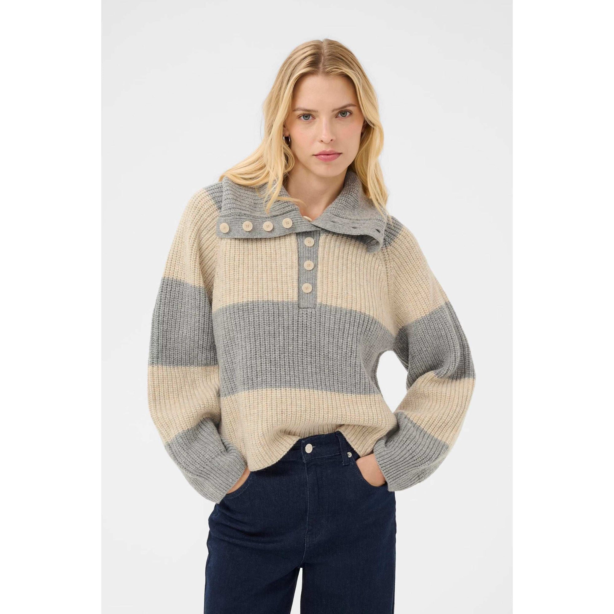 Part Two Simra High Collar Knit Sweater - French Oak/Grey Melange Stripe