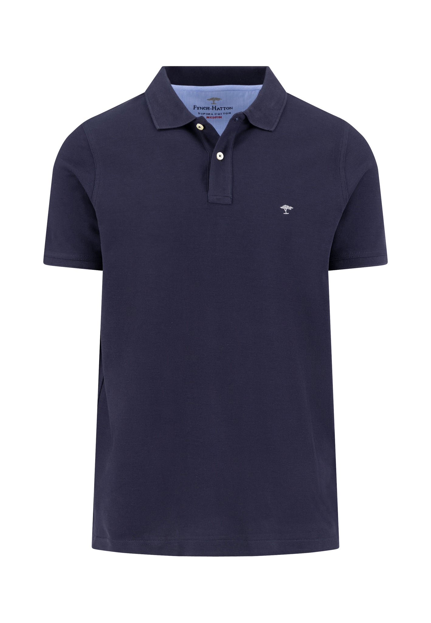 Navy polo shirt with brand logo on a white background