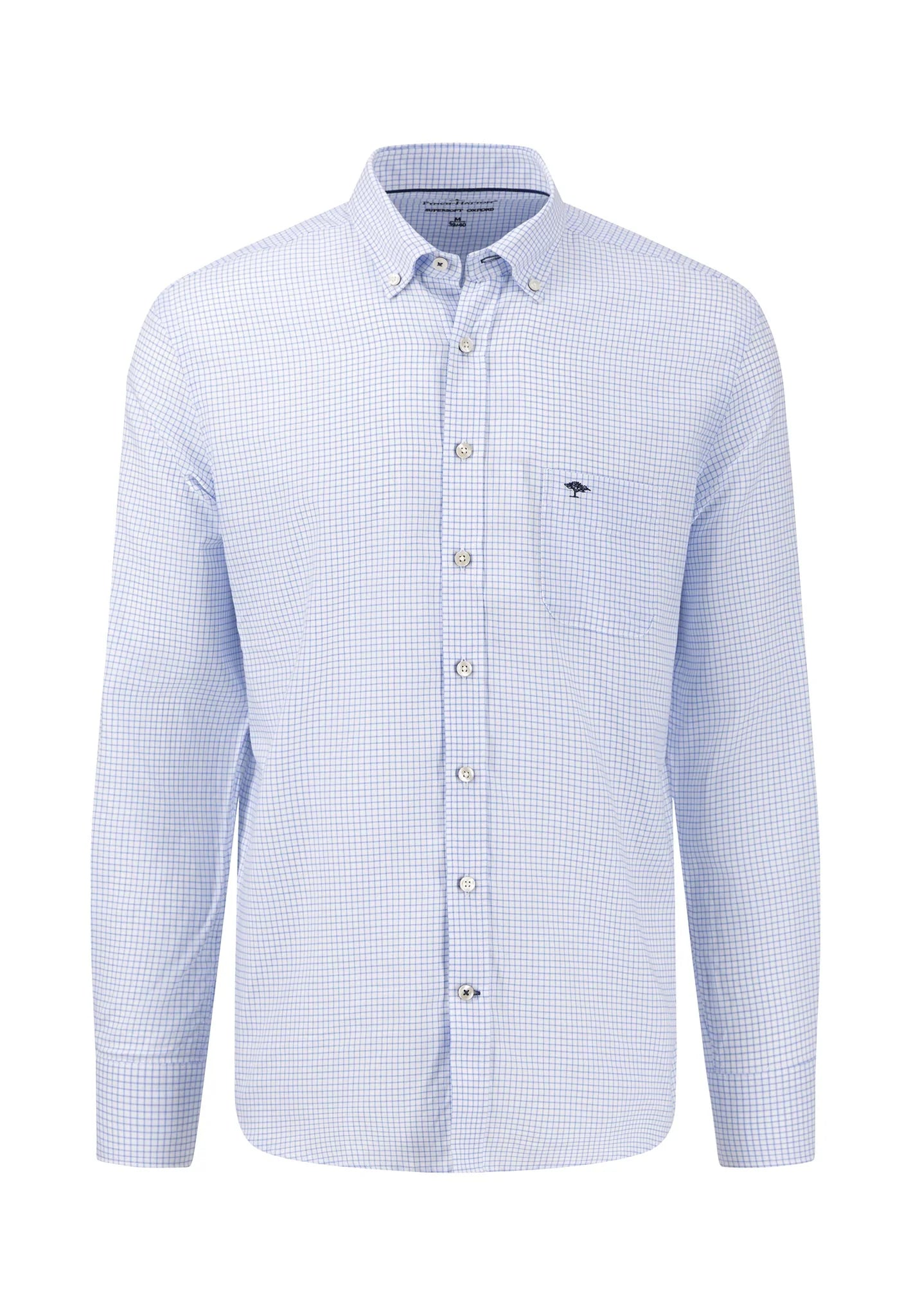 Light blue checkered shirt with a small logo on a white background