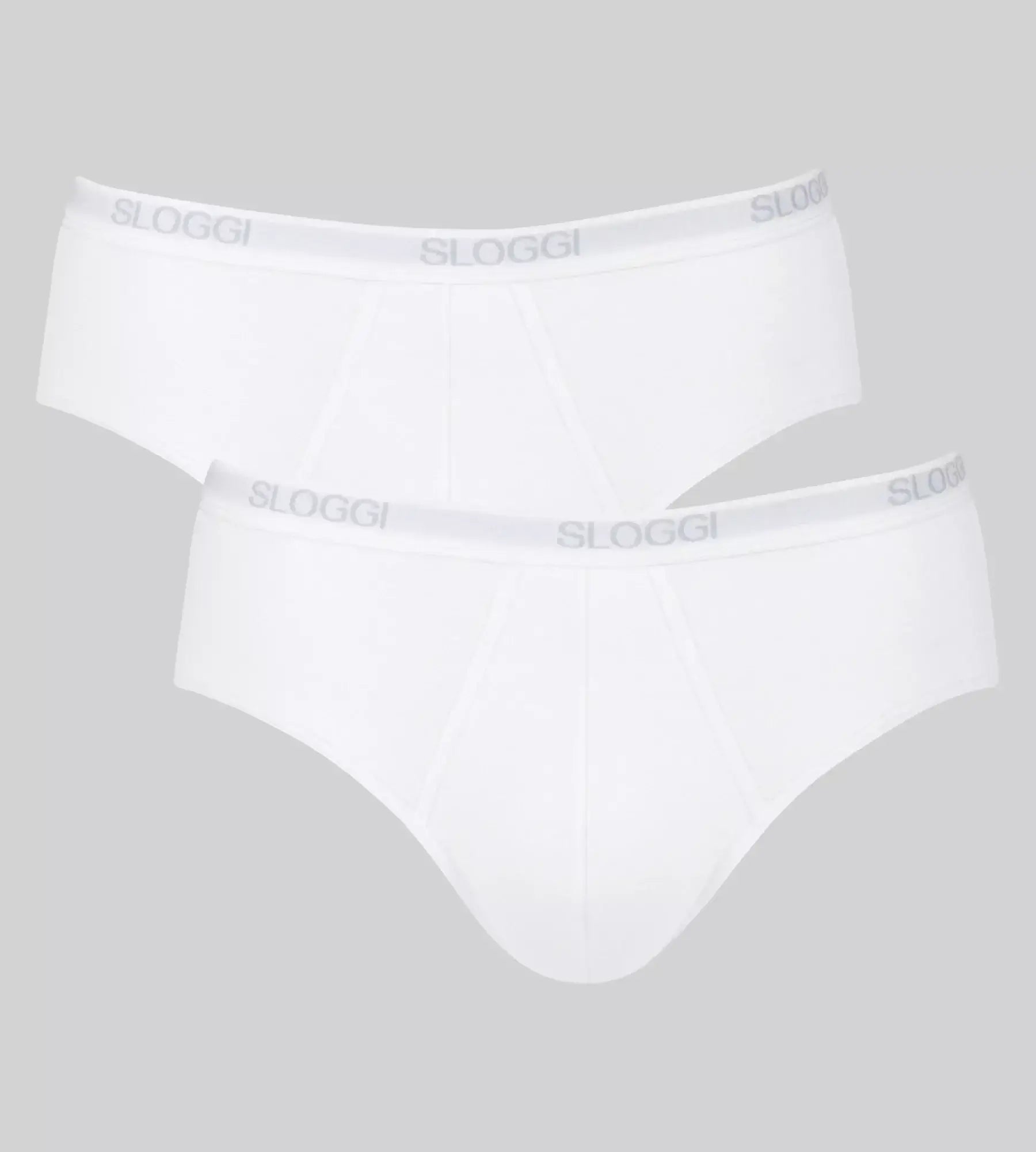 Two pairs of white underwear with 'Sloggi' branding on a gray background