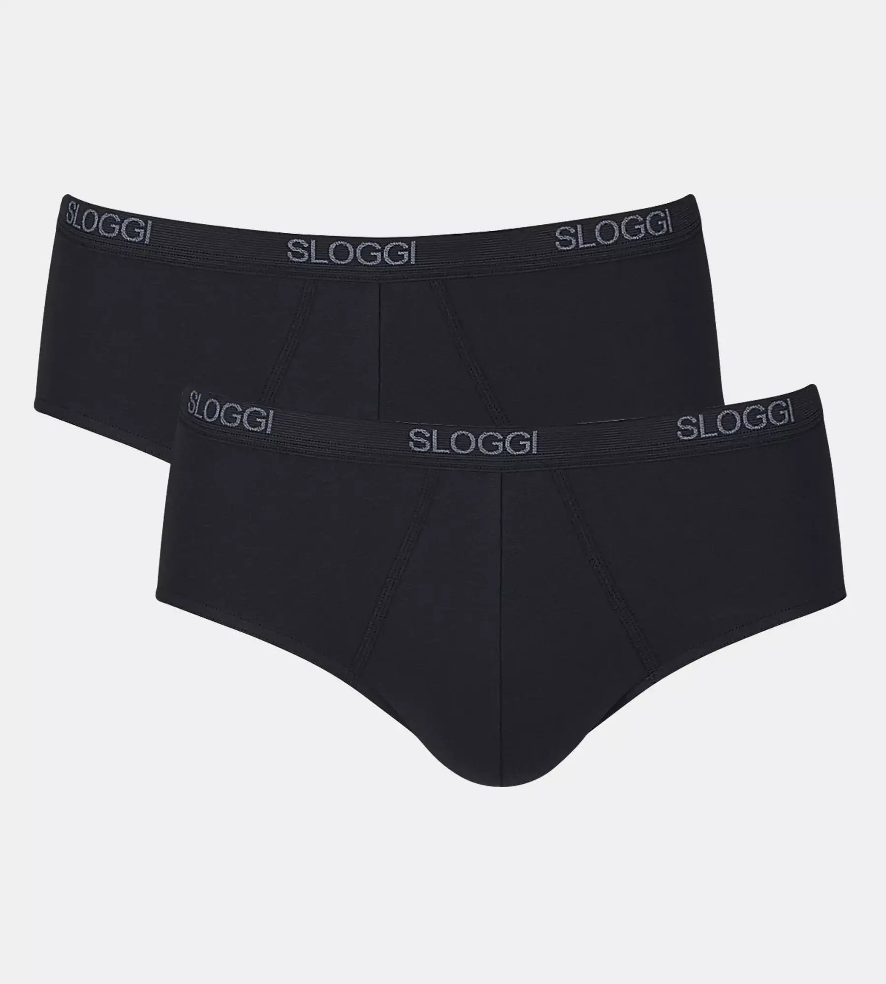 Two black boxer briefs with Sloggi branding on a light gray background