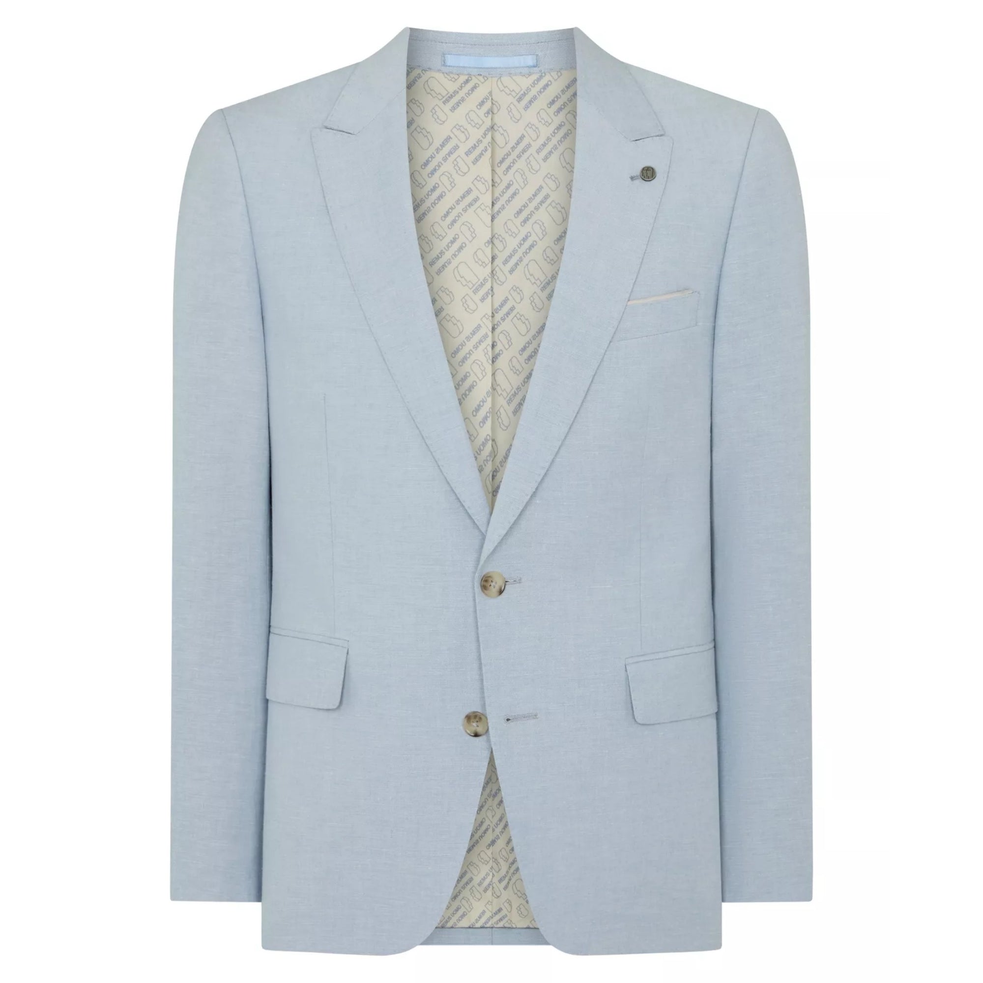 Light blue blazer with a patterned shirt underneath on a white background
