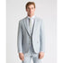 Man wearing a sky blue suit with a white shirt and patterned tie on a white background