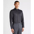 Man wearing a black dress shirt and gray pants on a white background