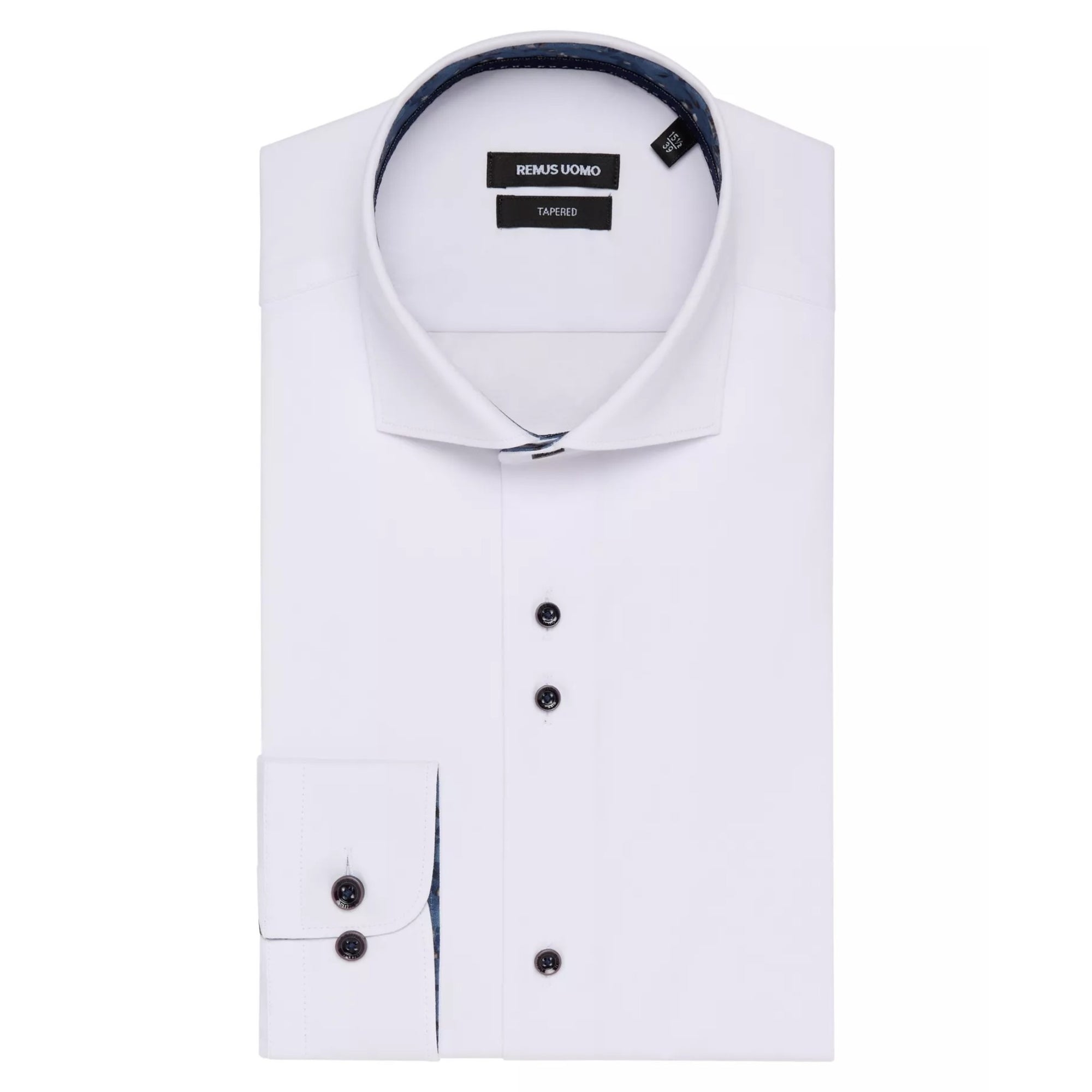 White dress shirt with black buttons on a white background