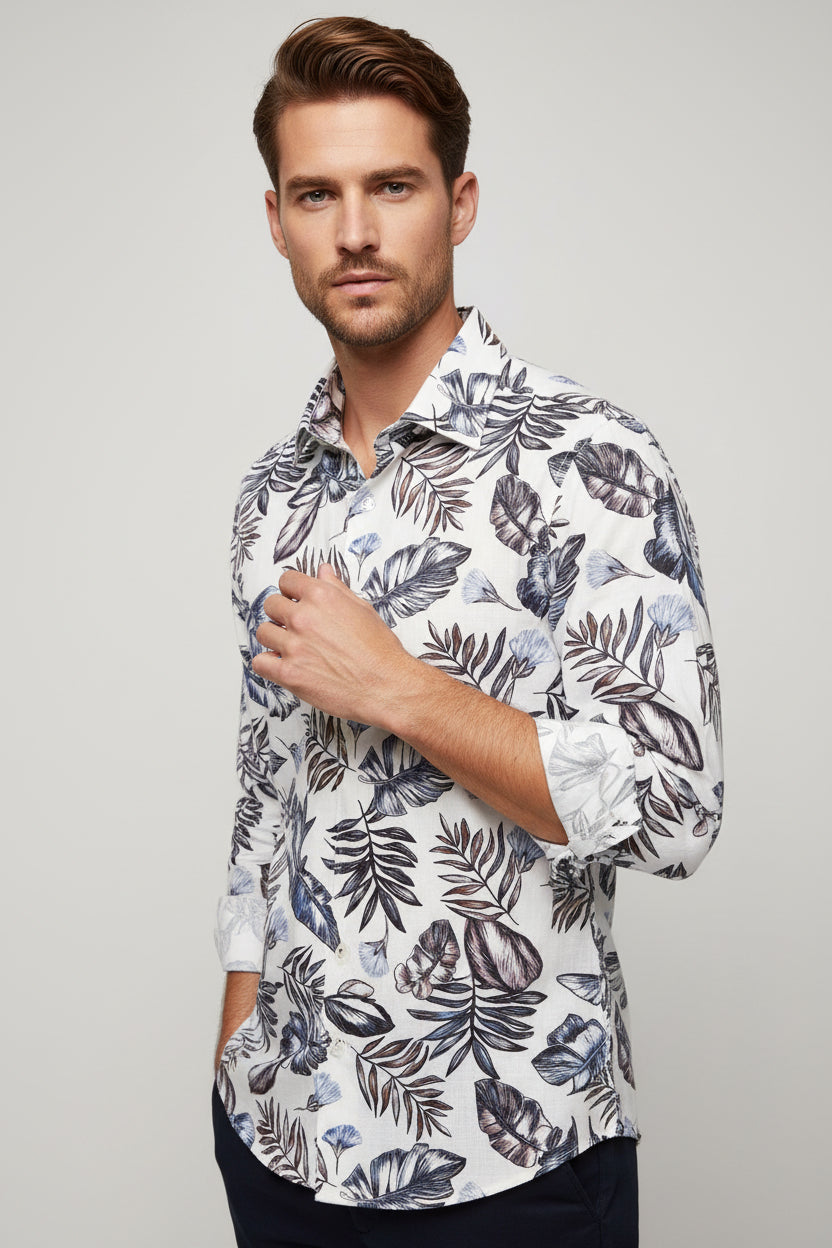 Floral patterned shirt with brand label on a white background