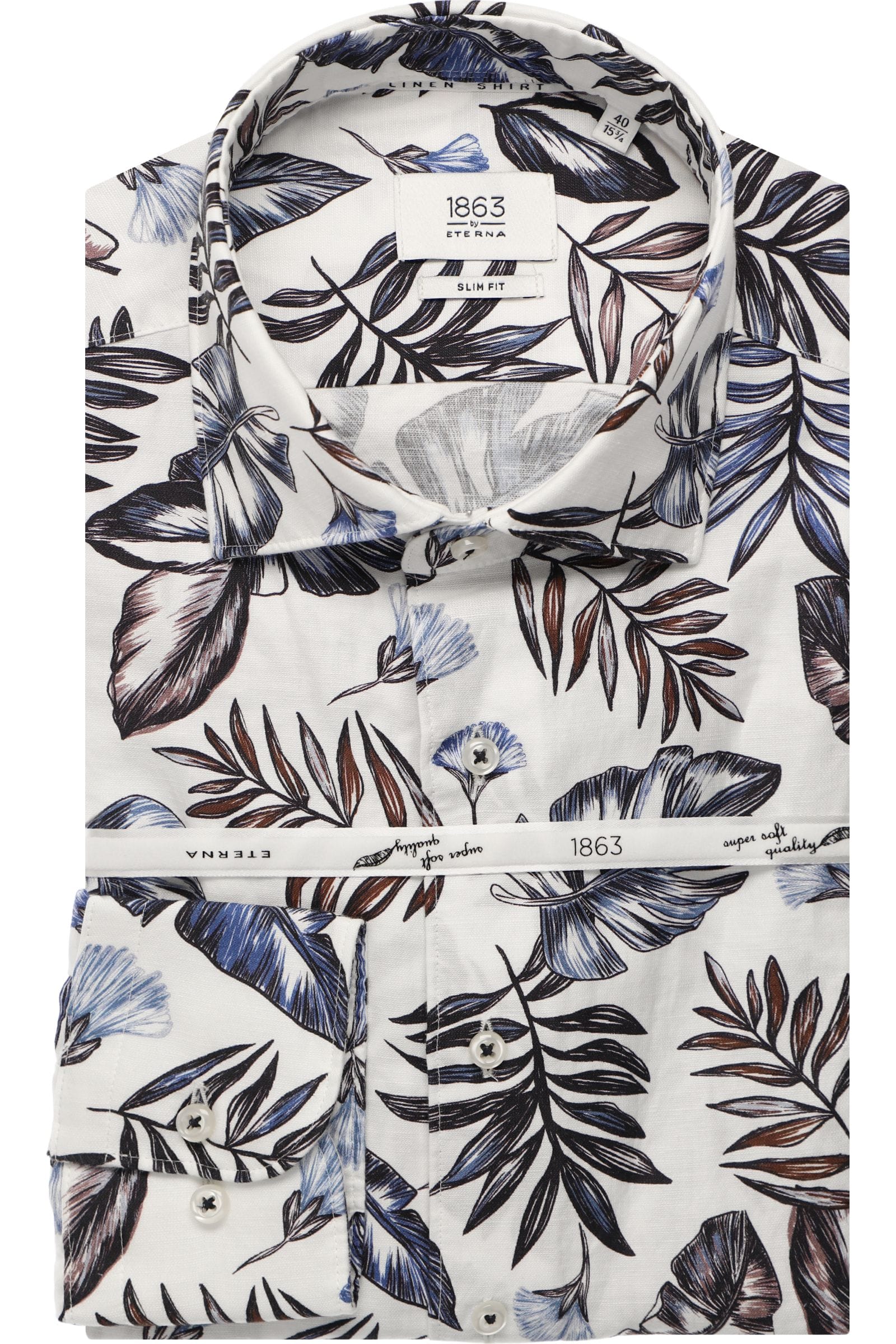 Floral patterned shirt with brand label on a white background