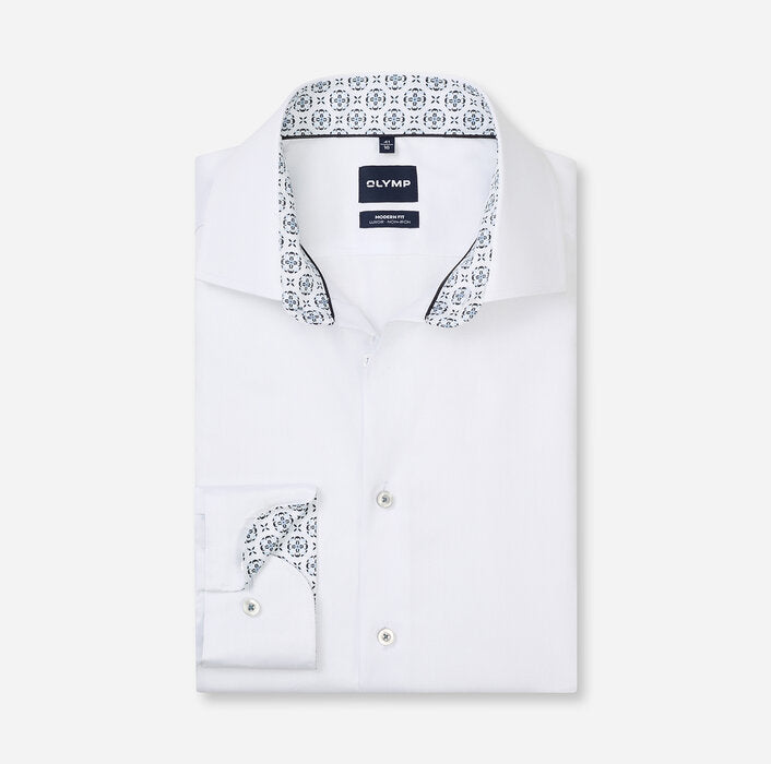 Olymp Egyptian Cotton White Shirt With Patterned Trim 1366