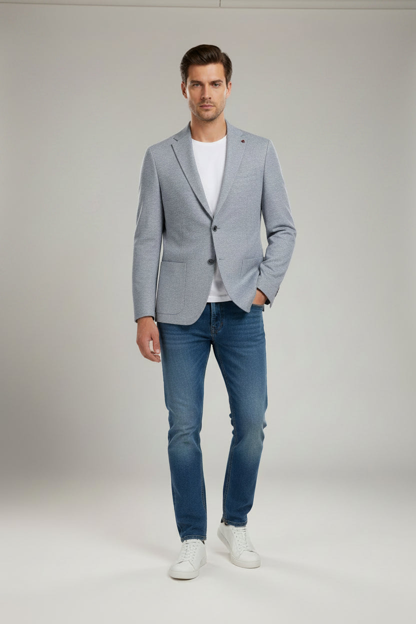 A light blue slim fit dress jacket with a classic design, featuring a collar, button-up front, and a regular fit.