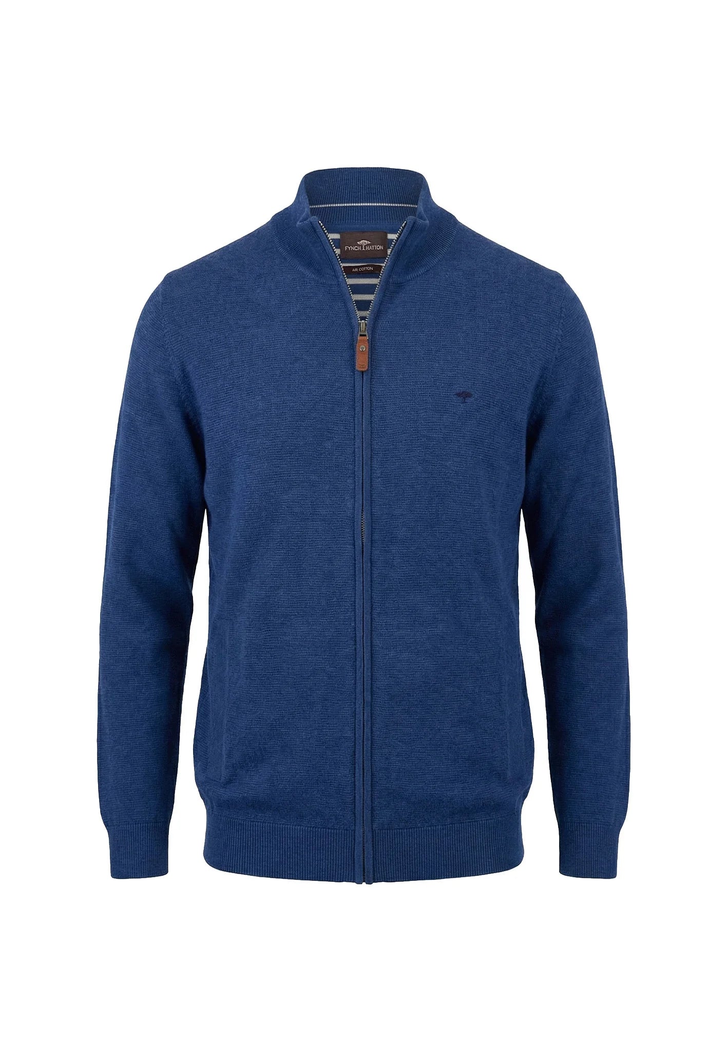 Blue zip-up sweater on a white background