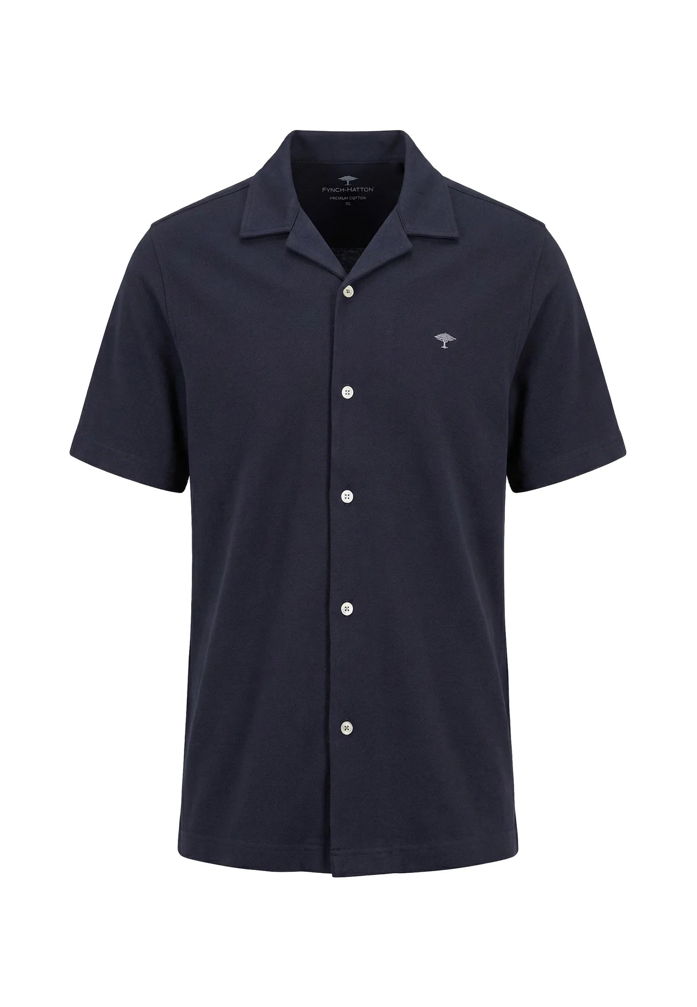 Navy short-sleeve shirt with button details on a white background