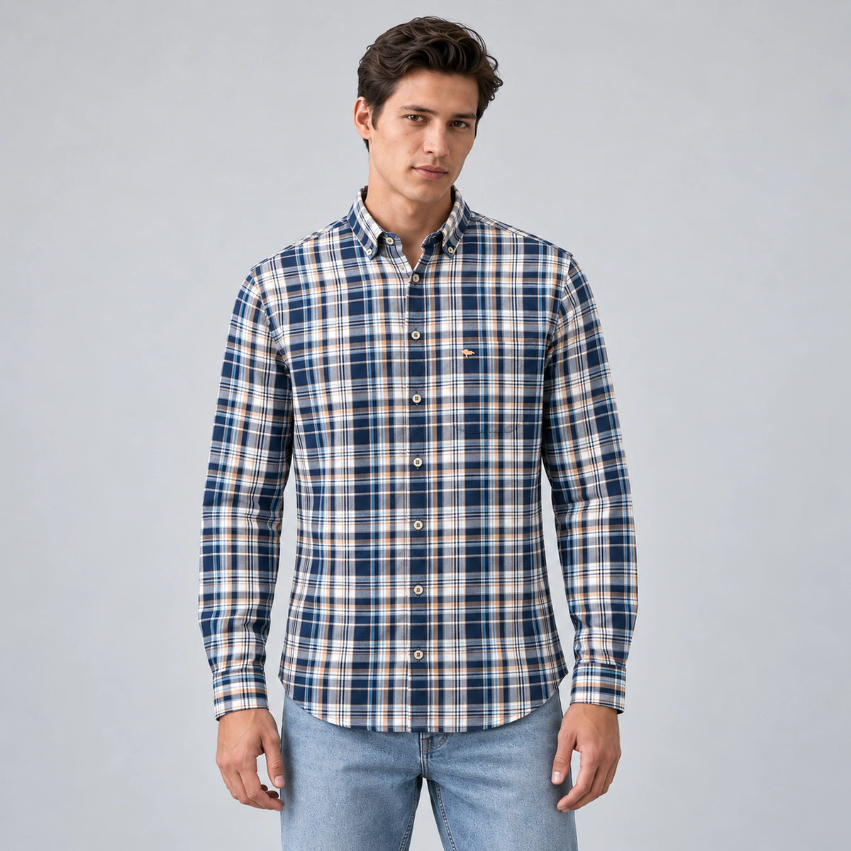 Fynch-Hatton Supersoft Cotton Check Shirt in Blue