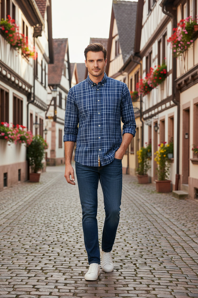 A man modeling a blue and white plaid button-down shirt with dark blue jeans and white sneakers.