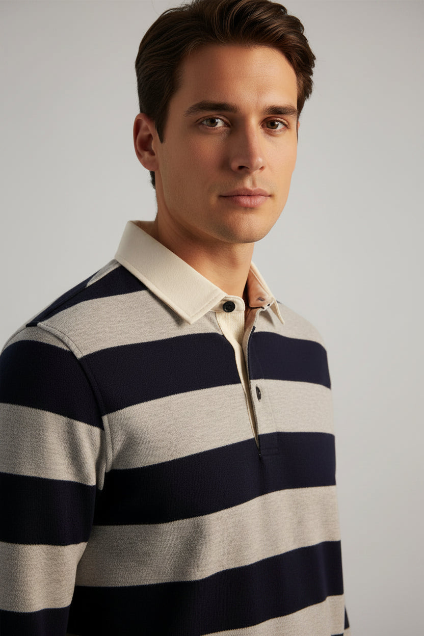 Navy and gray striped long-sleeve shirt on a white background