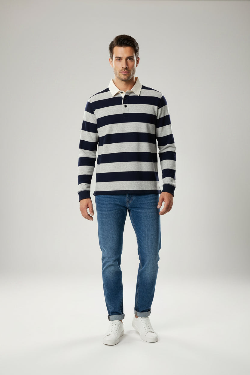 Fynch-Hatton Cotton Striped Rugby Shirt with Polo Collar