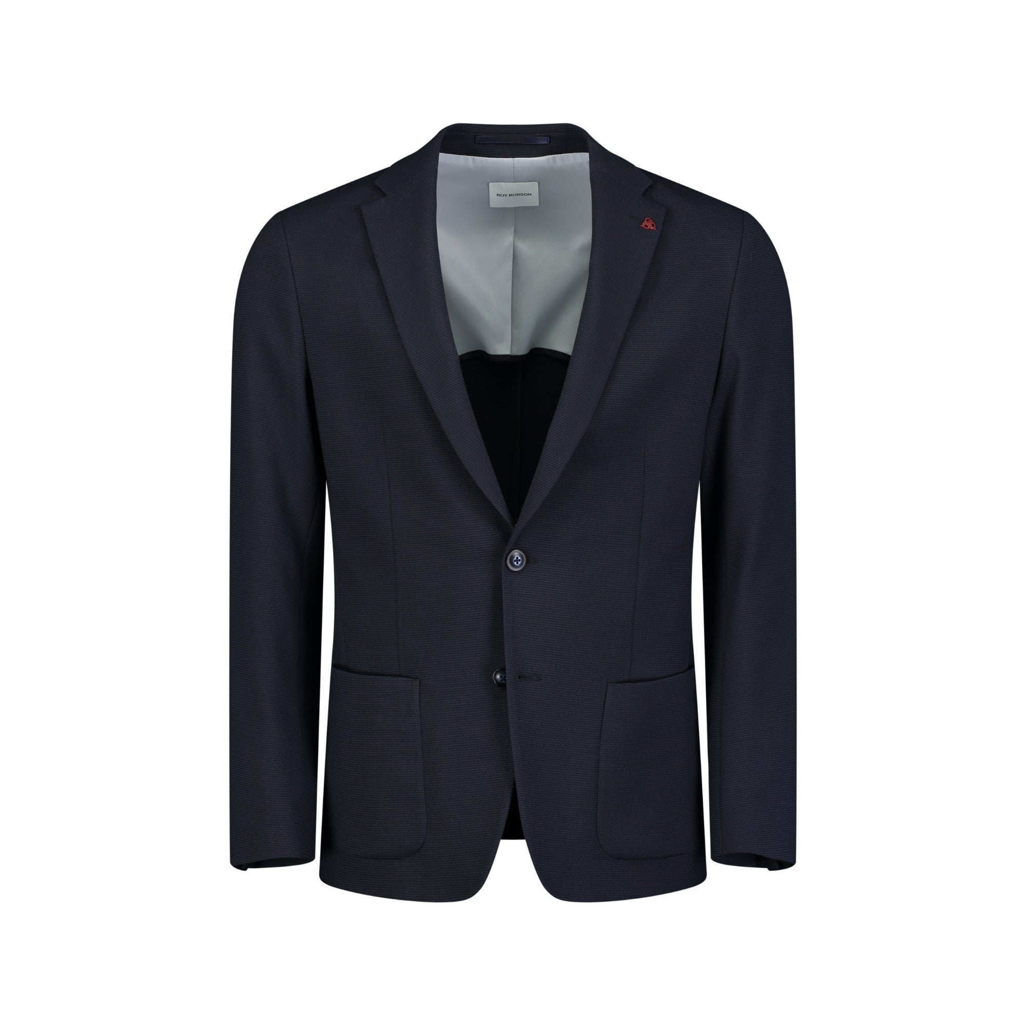 Navy blazer with a light gray shirt and black tie on a white background