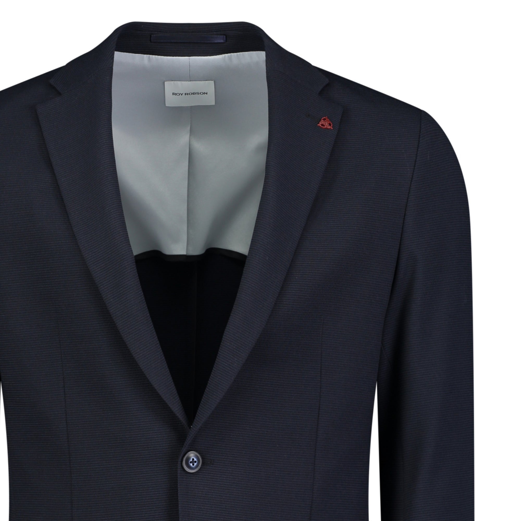 Navy blazer with a white shirt and black tie on a white background