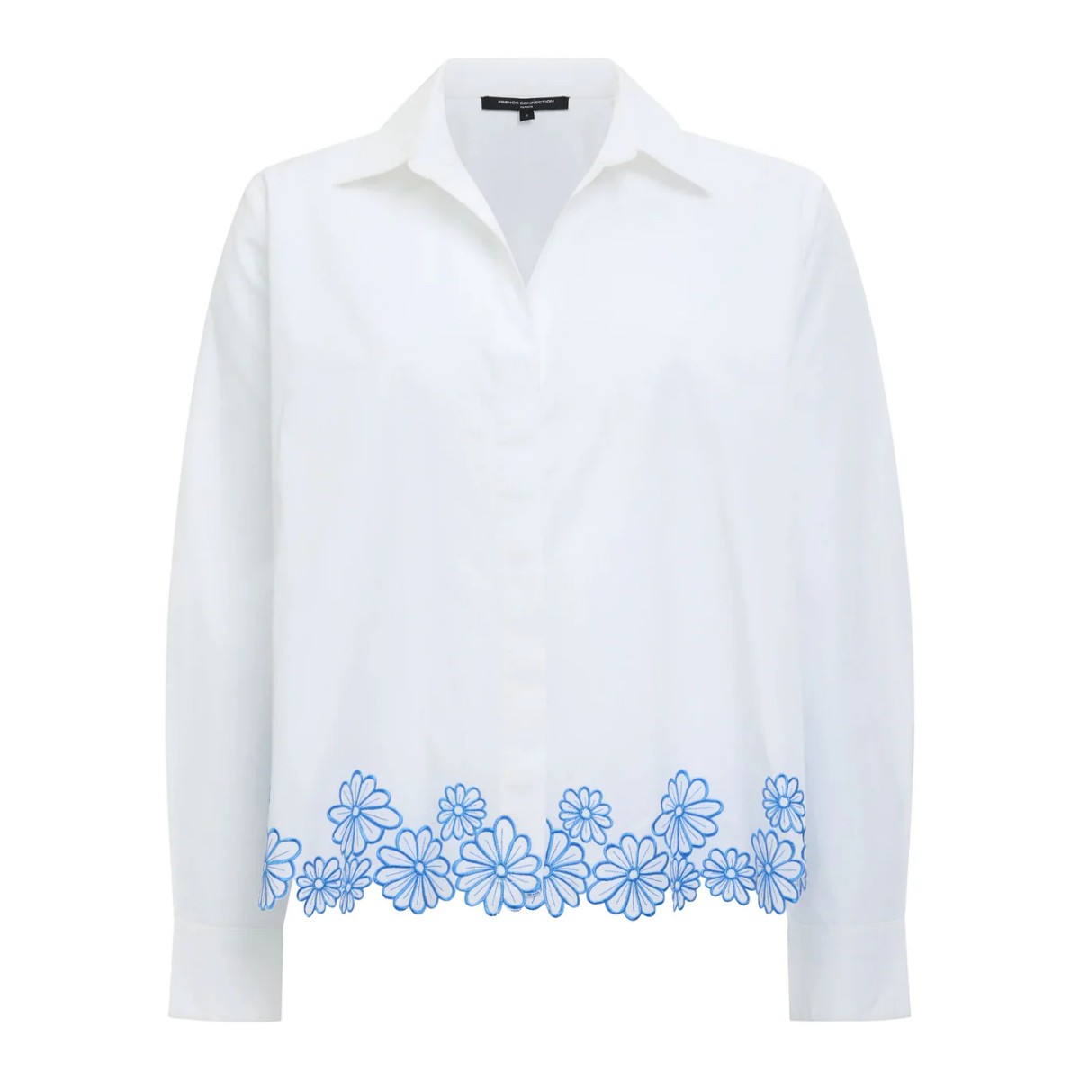 French Connection Cambria Cotton Floral Hem Shirt In Linen White/Azure Blue
