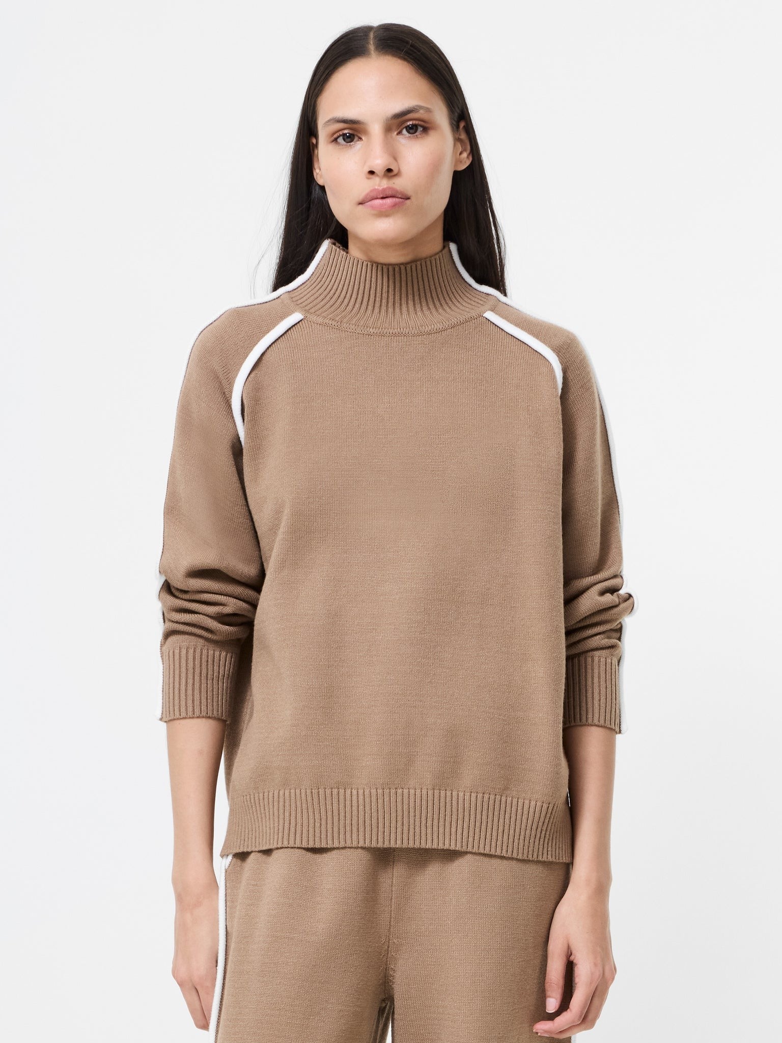 French Connection Jordan high neck jumper camel porcelain cream contrast piping front view