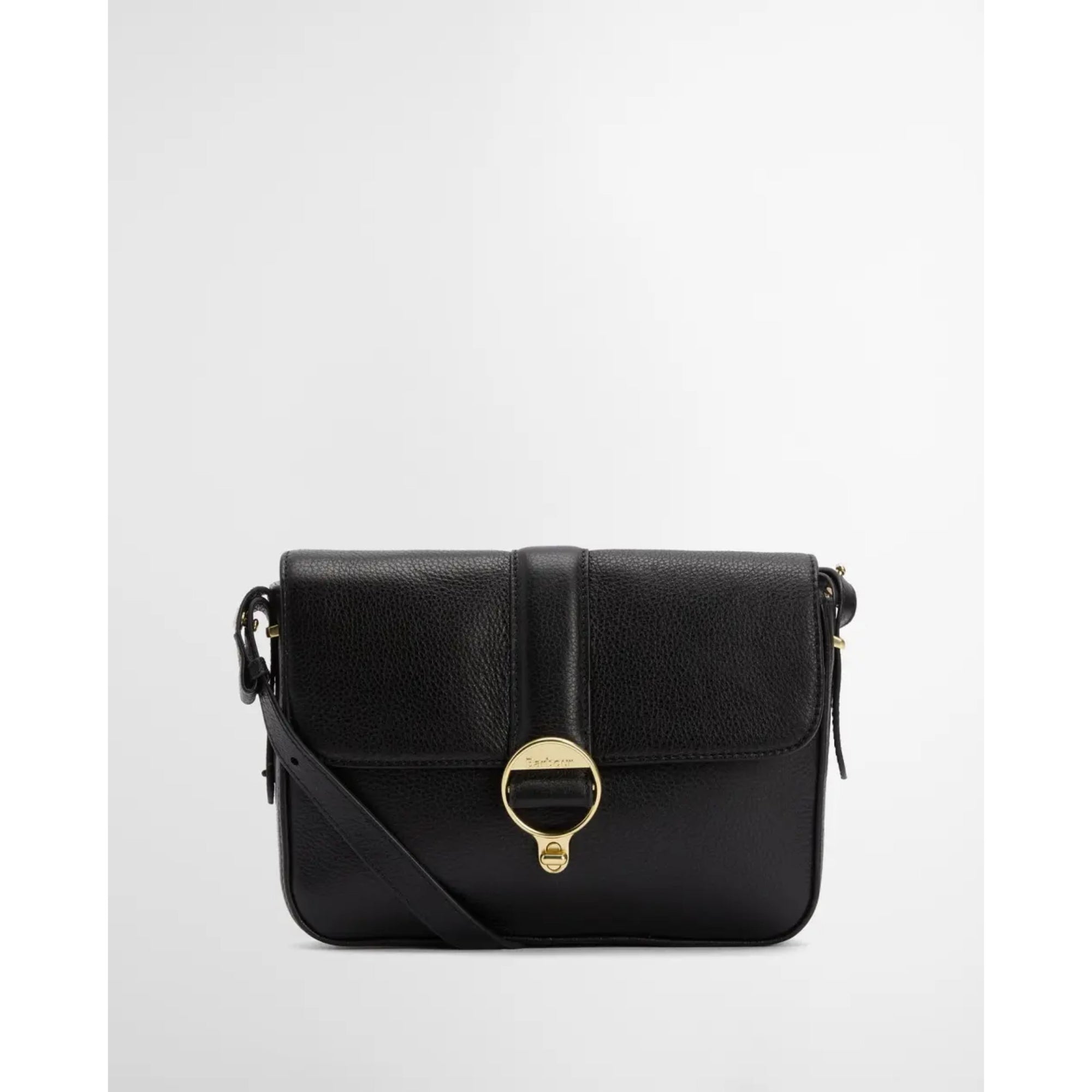 Black handbag with a gold clasp on a white background