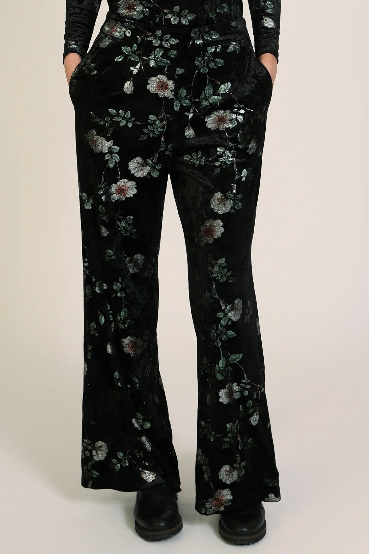 Traffic People Swan Song Edith Wide Leg Velvet Trousers In Black Floral