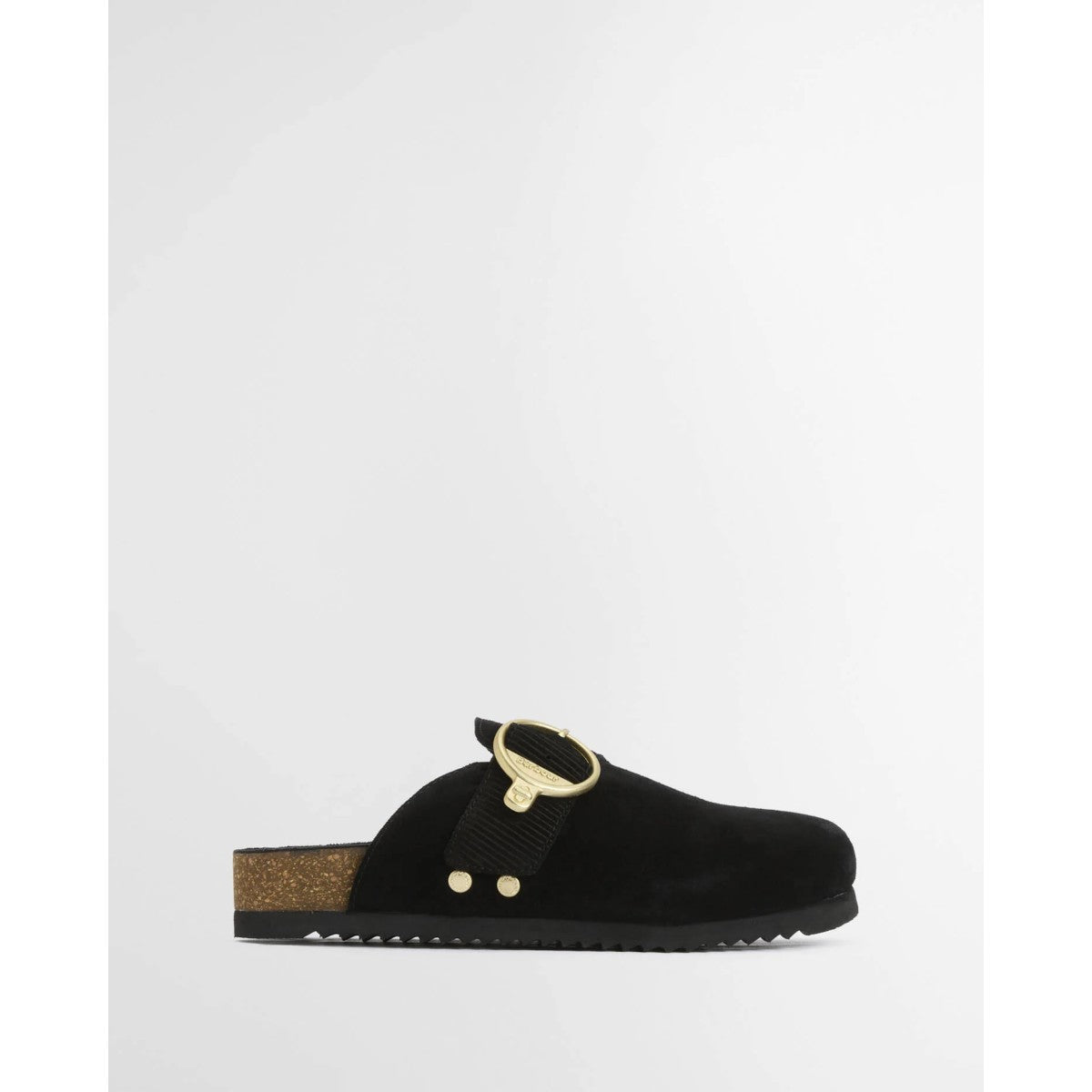 Black slipper with gold accents on a white background
