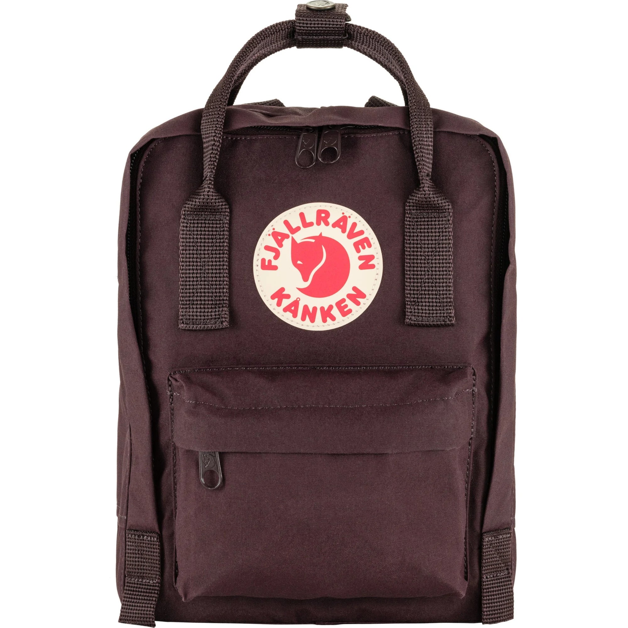 Burgundy backpack with Fjällräven Kånken logo on a white background