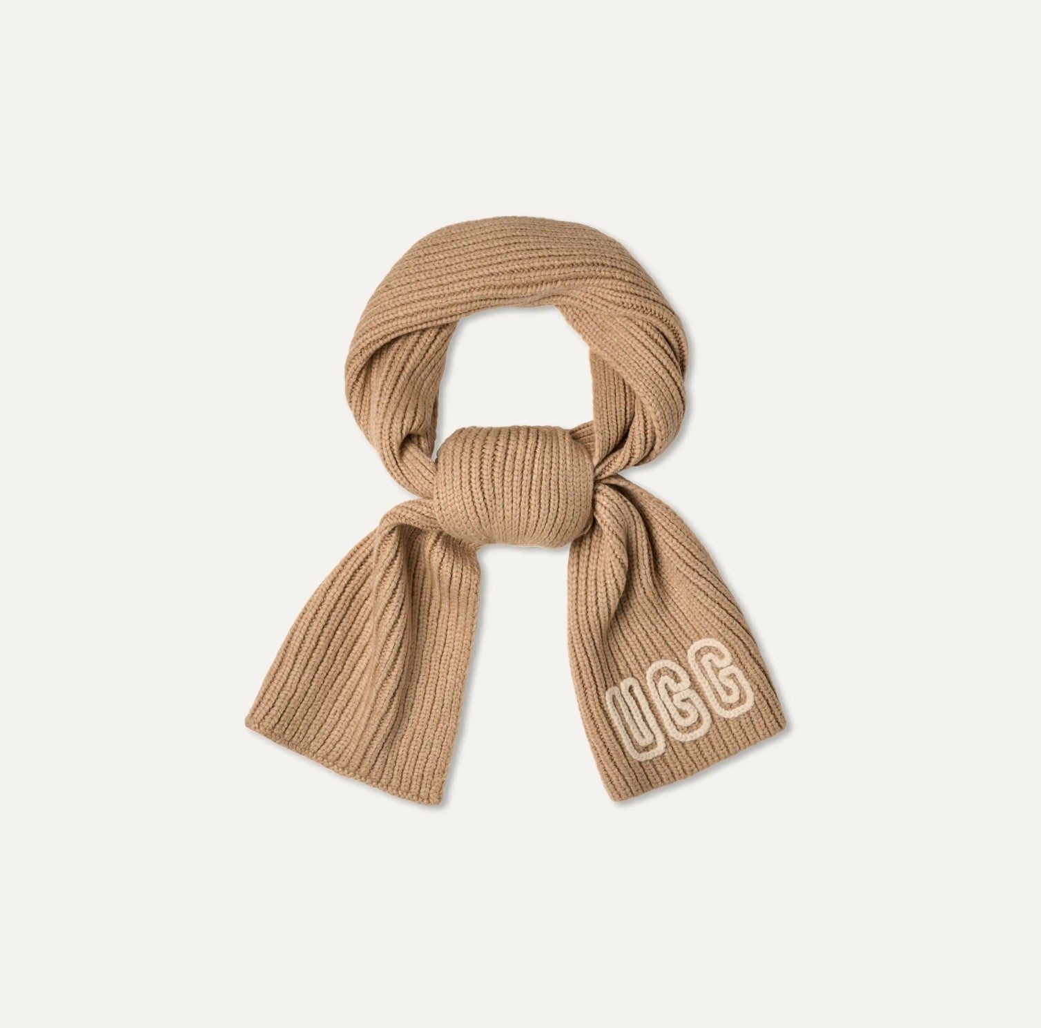 Beige scarf with a brand logo on a light beige background