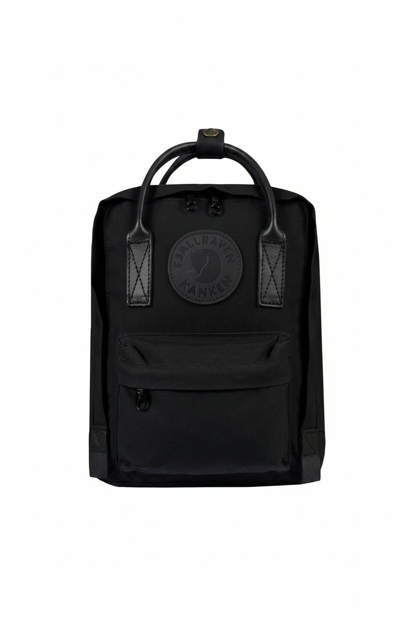 Black backpack with a visible brand logo on a white background