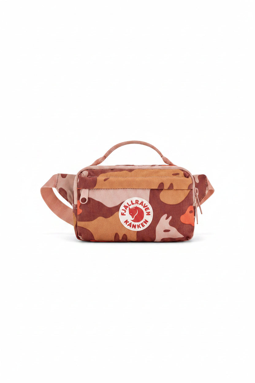 Camouflage-patterned bag with Fjällräven Kånken logo on a white background