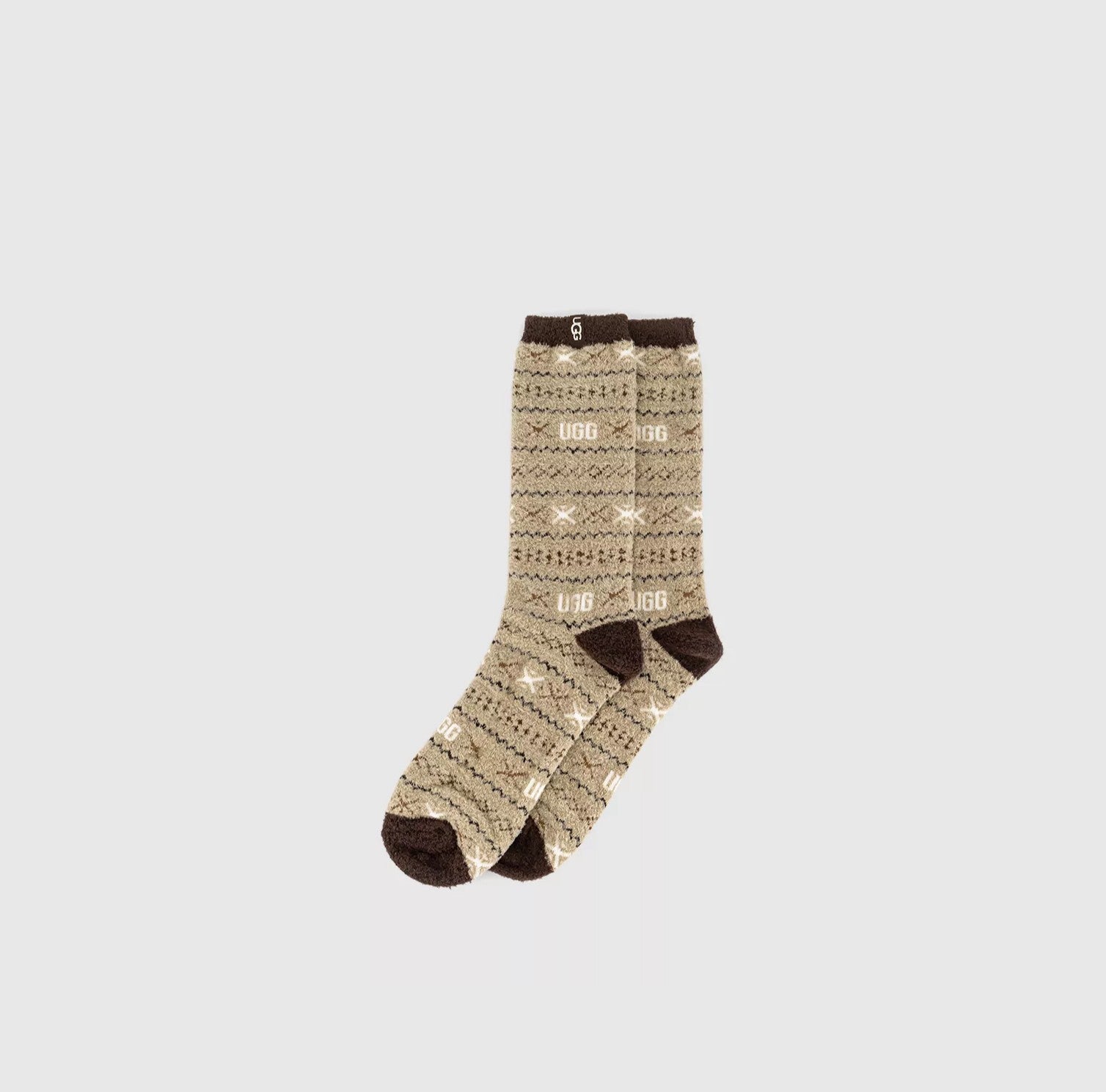 Beige patterned sock with brown accents on a light gray background