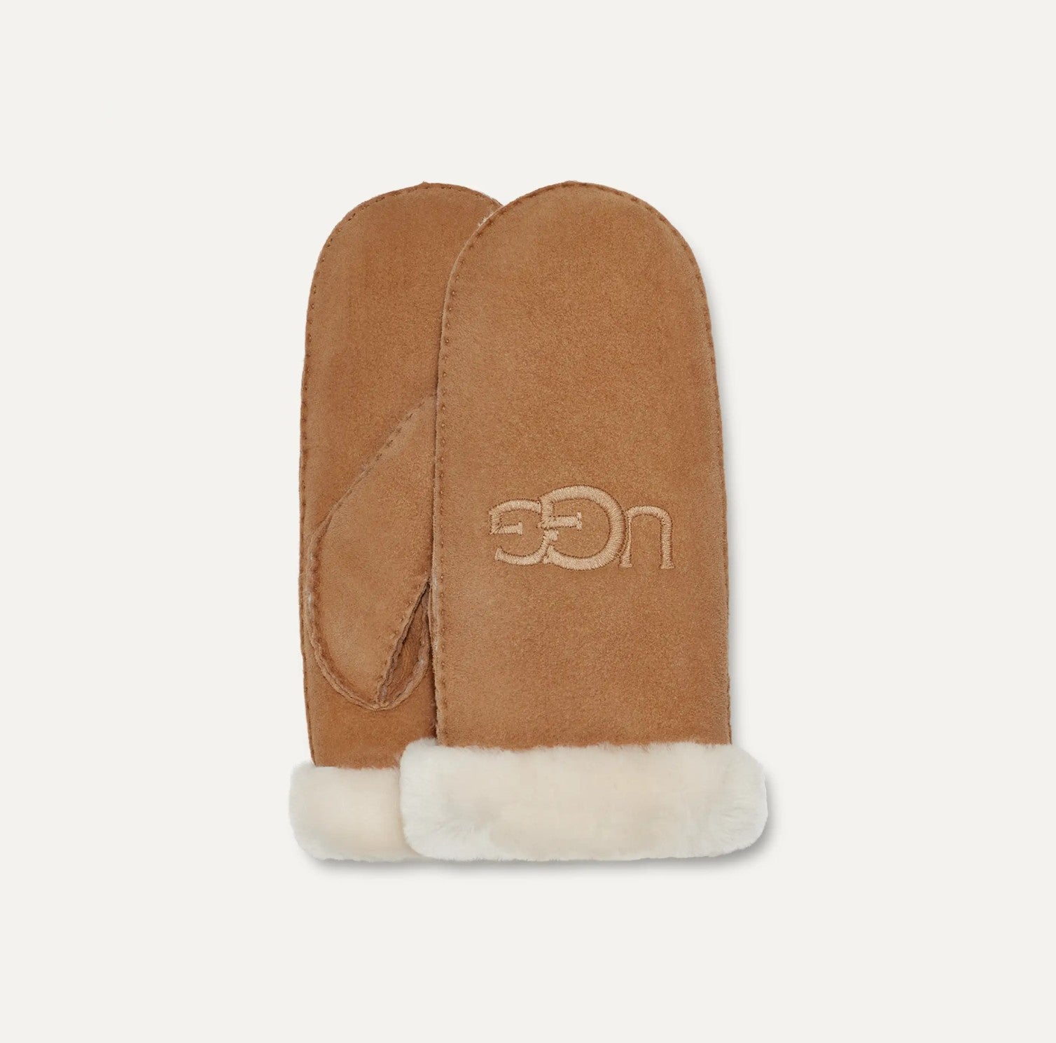 Chestnut suede UGG Mitten with white fur lining