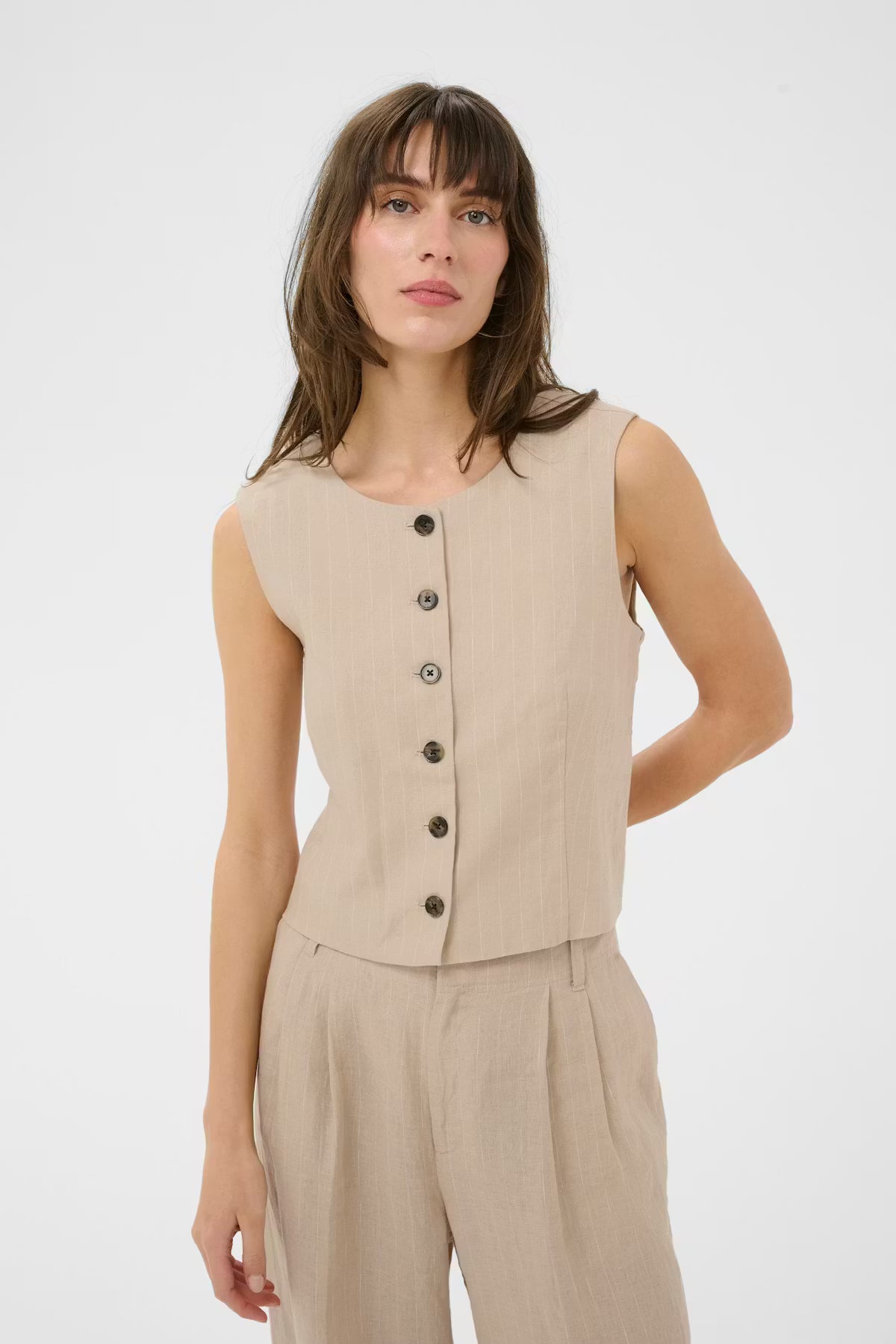 Part Two Azania Linen Waistcoat In Neutral Pinstripe