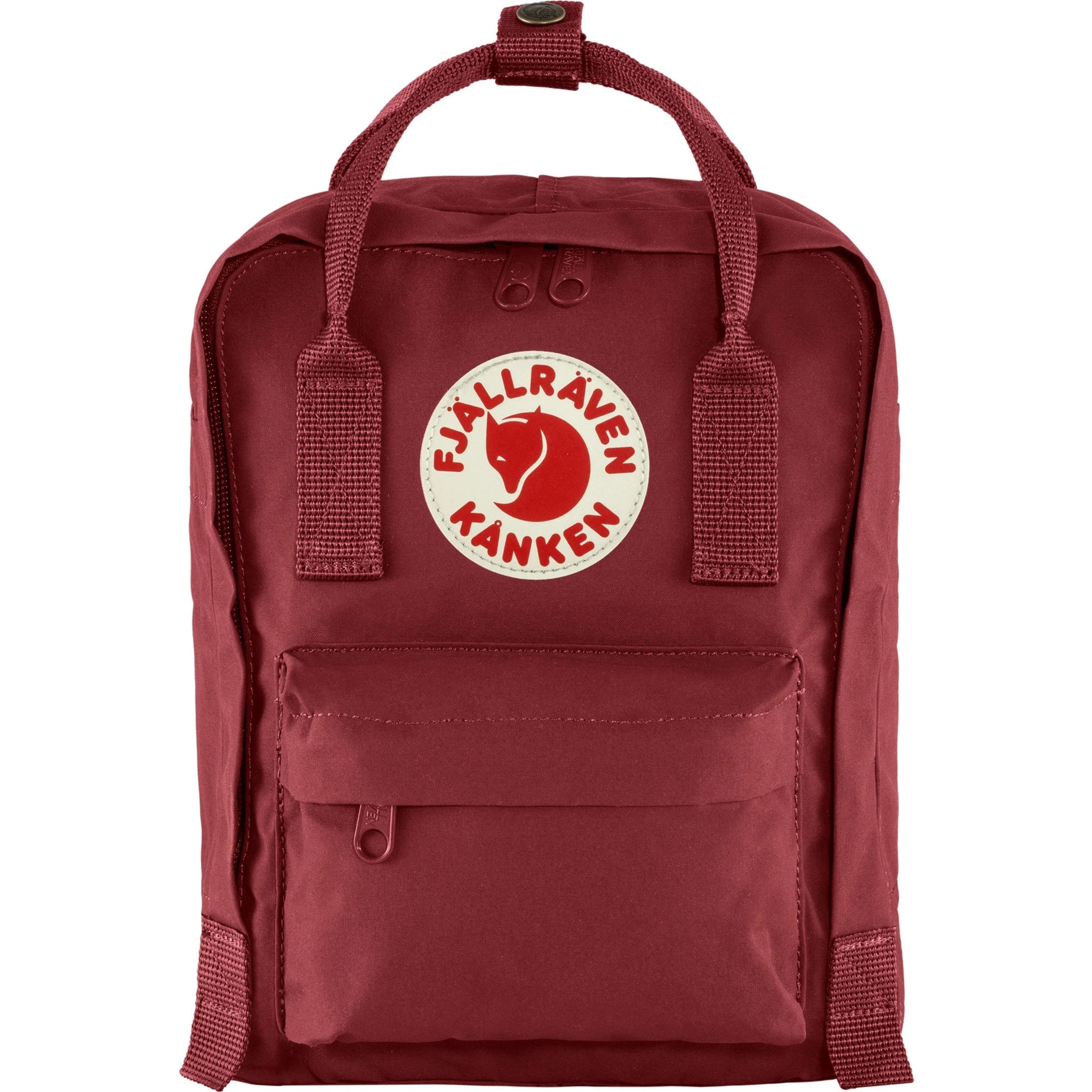 Red backpack with Fjällräven Kånken logo on a white background