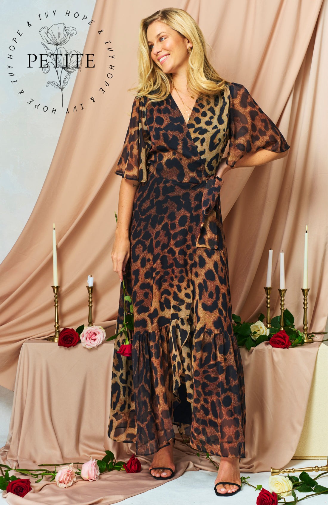 Hope &amp; Ivy The Lexi Petite Flutter Sleeve Maxi Wrap Dress with Tie Waist In Leopard Print