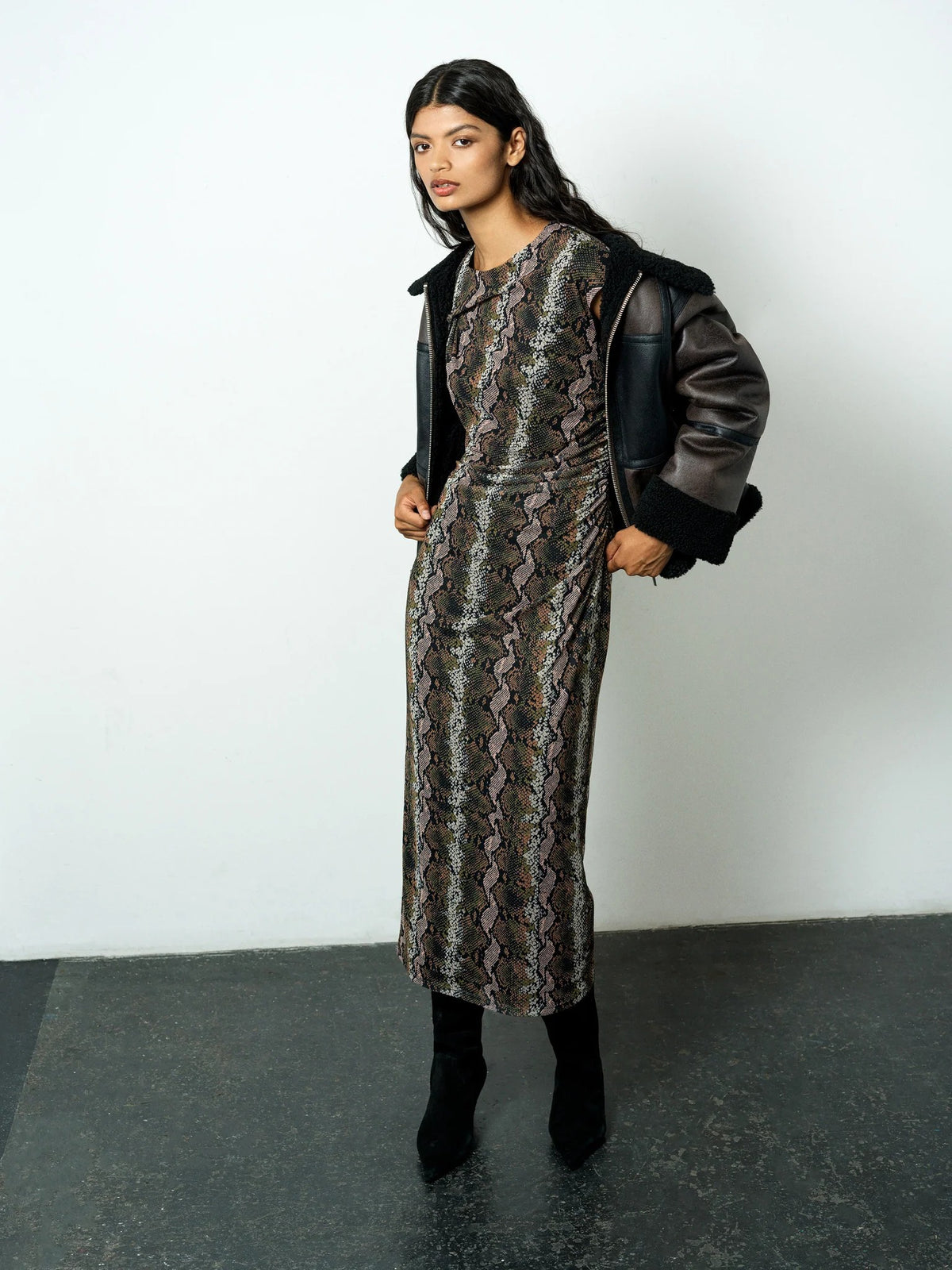 French Connection Lola Snakeskin Ruched Mesh Midi Dress In Black Multi 71-W26-0100