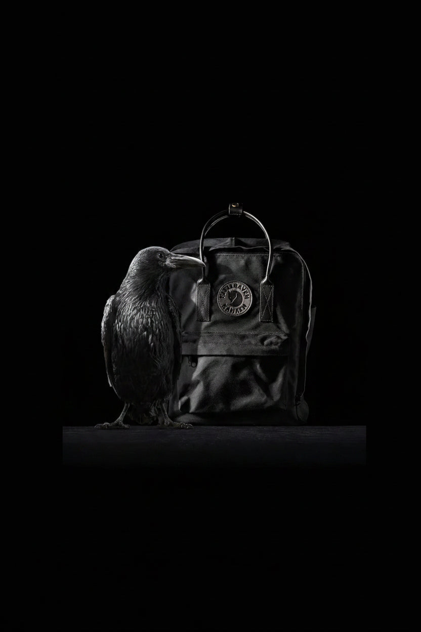 Black backpack with a bird in front on a black background
