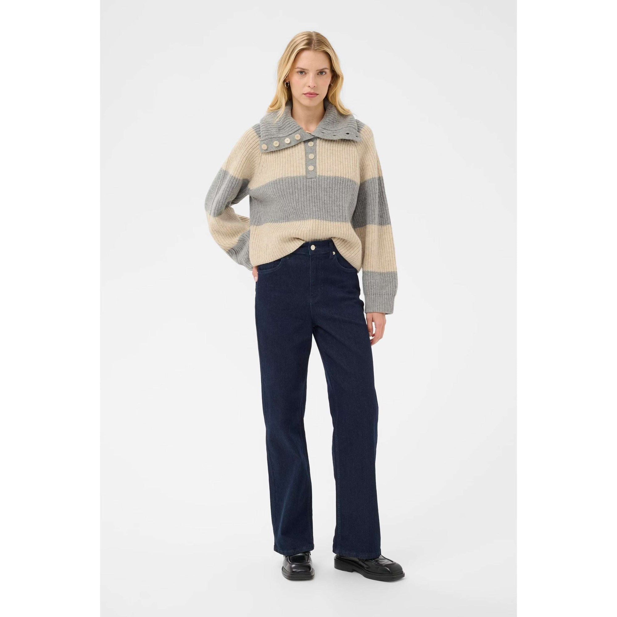 Part Two Simra High Collar Knit Sweater - French Oak/Grey Melange Stripe