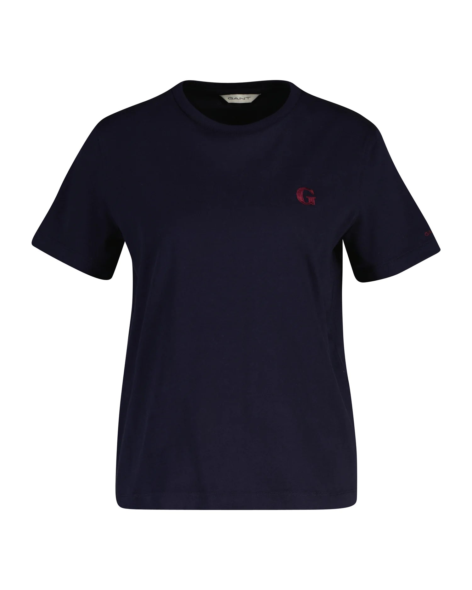 Navy blue t-shirt with a red logo on a white background