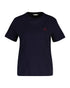Navy blue t-shirt with a red logo on a white background