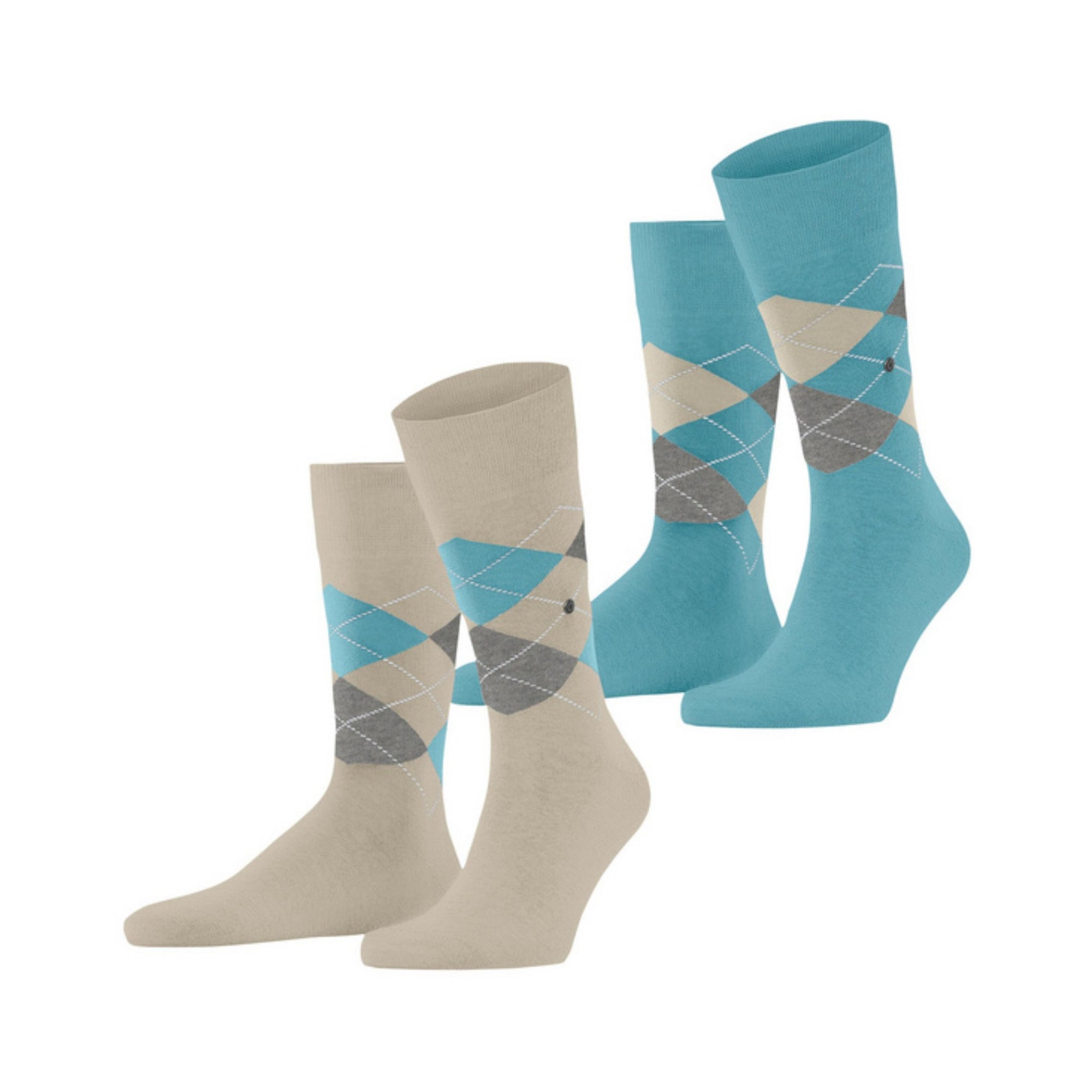 Two pairs of socks with blue and beige argyle pattern on a white background