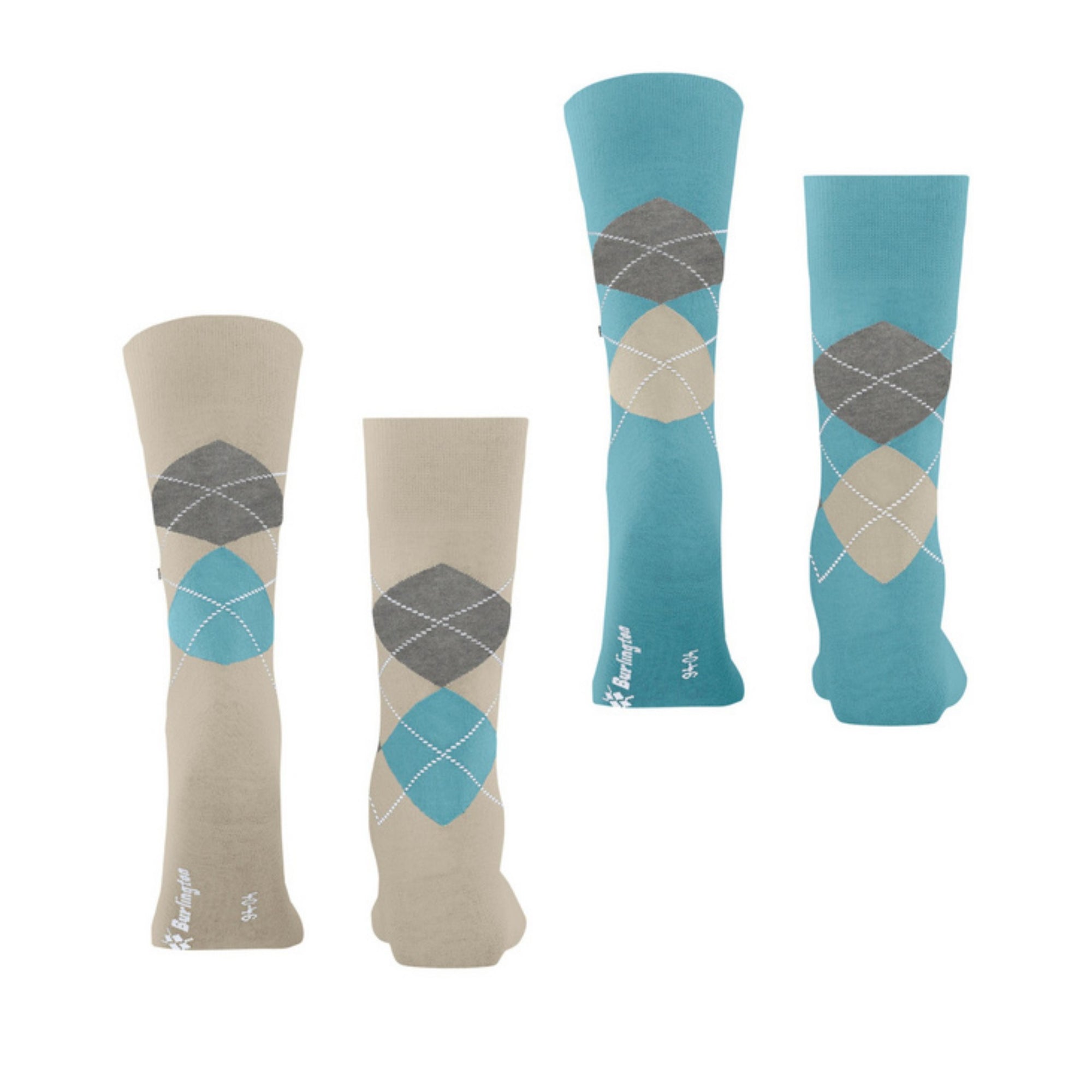 Two pairs of socks with diamond pattern on a white background