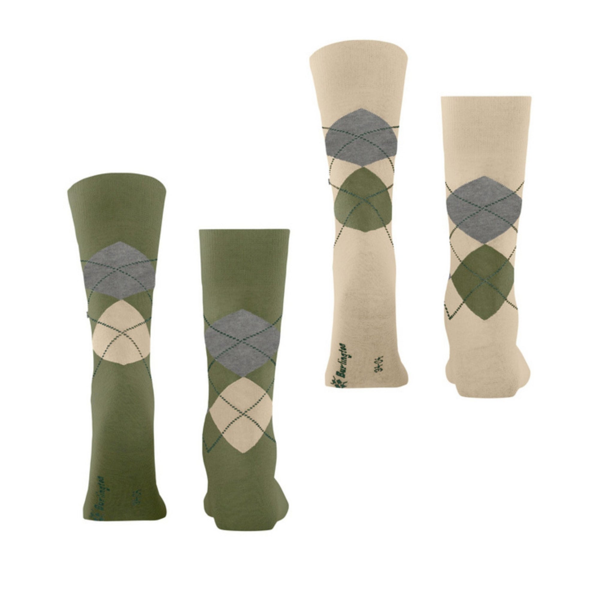 Set of green and beige argyle pattern socks on a white background