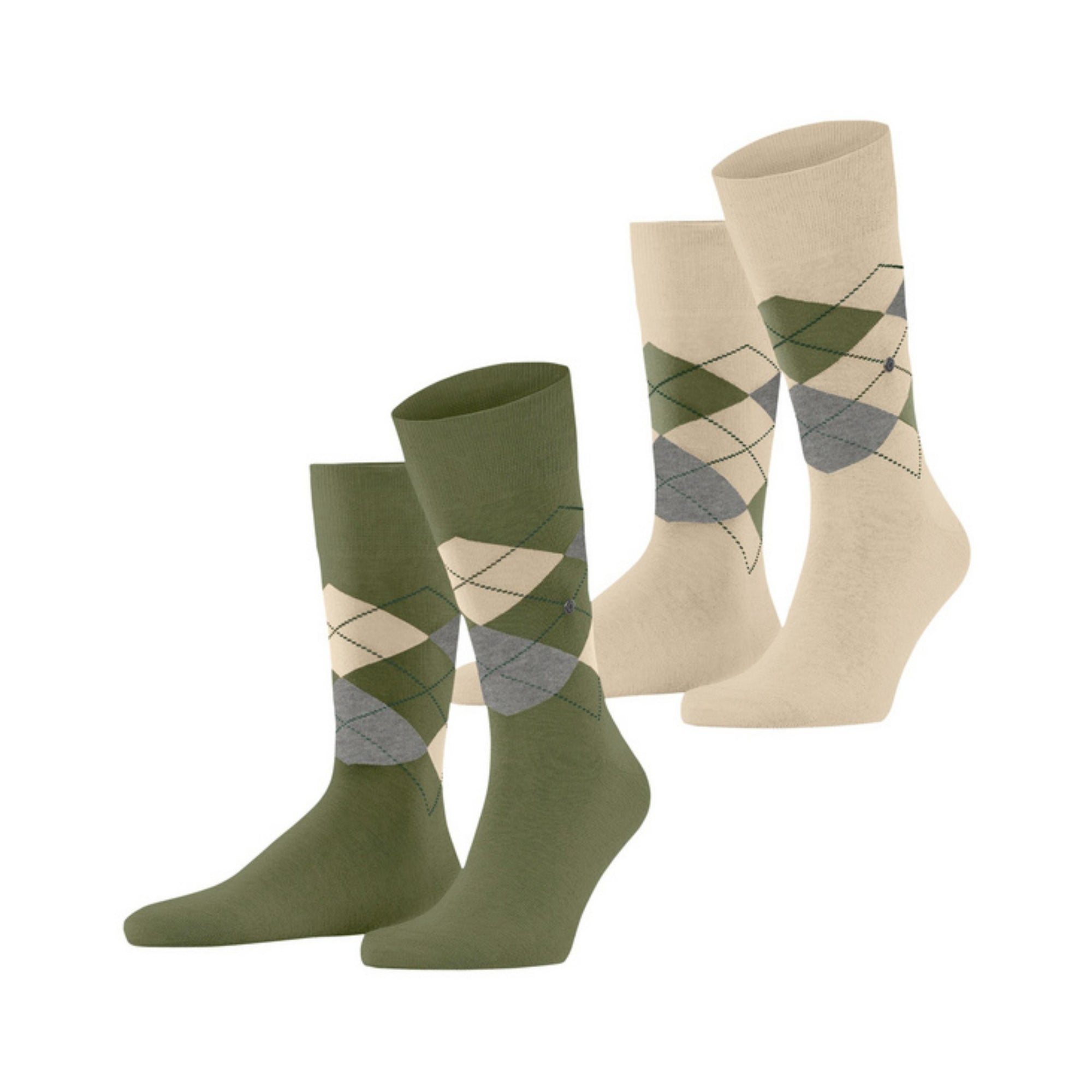 Two pairs of argyle pattern socks, one green and one beige, on a white background.