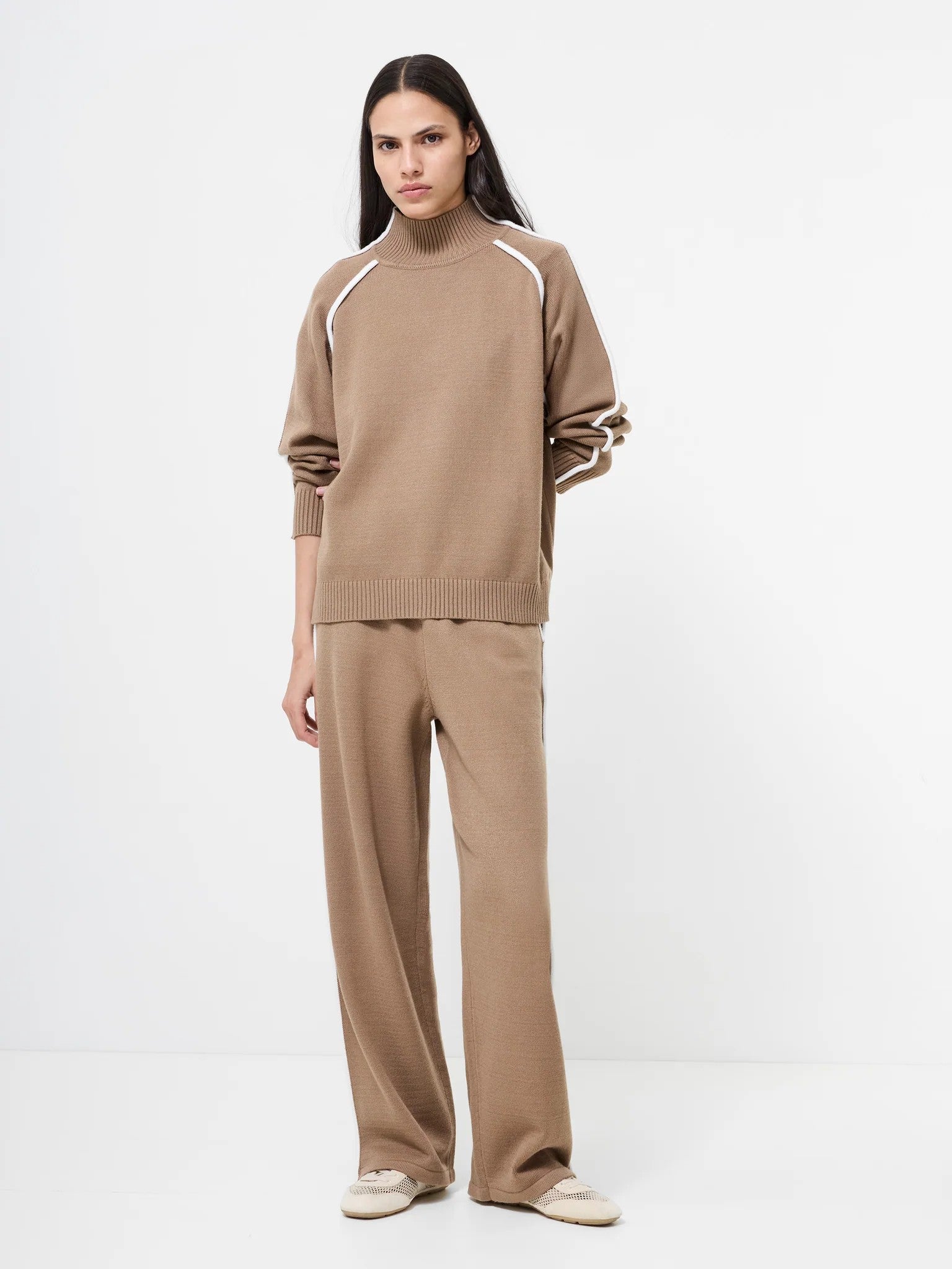 French Connection Jordan high neck jumper camel porcelain cream contrast piping angled front view