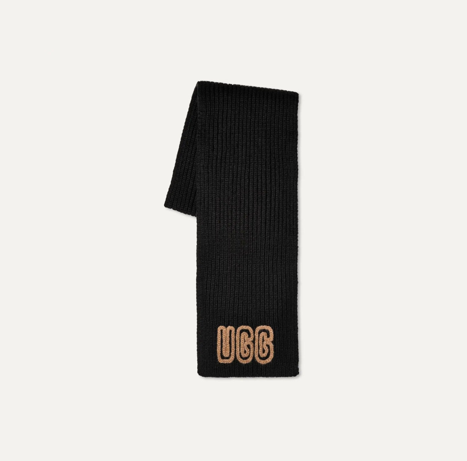 Black scarf with 'UGG' logo on a light gray background